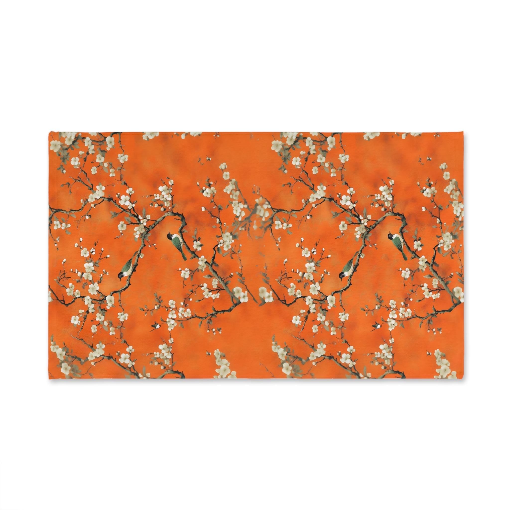 Chinoiserie Hand Towel: Burnt Orange with Blossoms and Birds for Asian-Inspired Decor