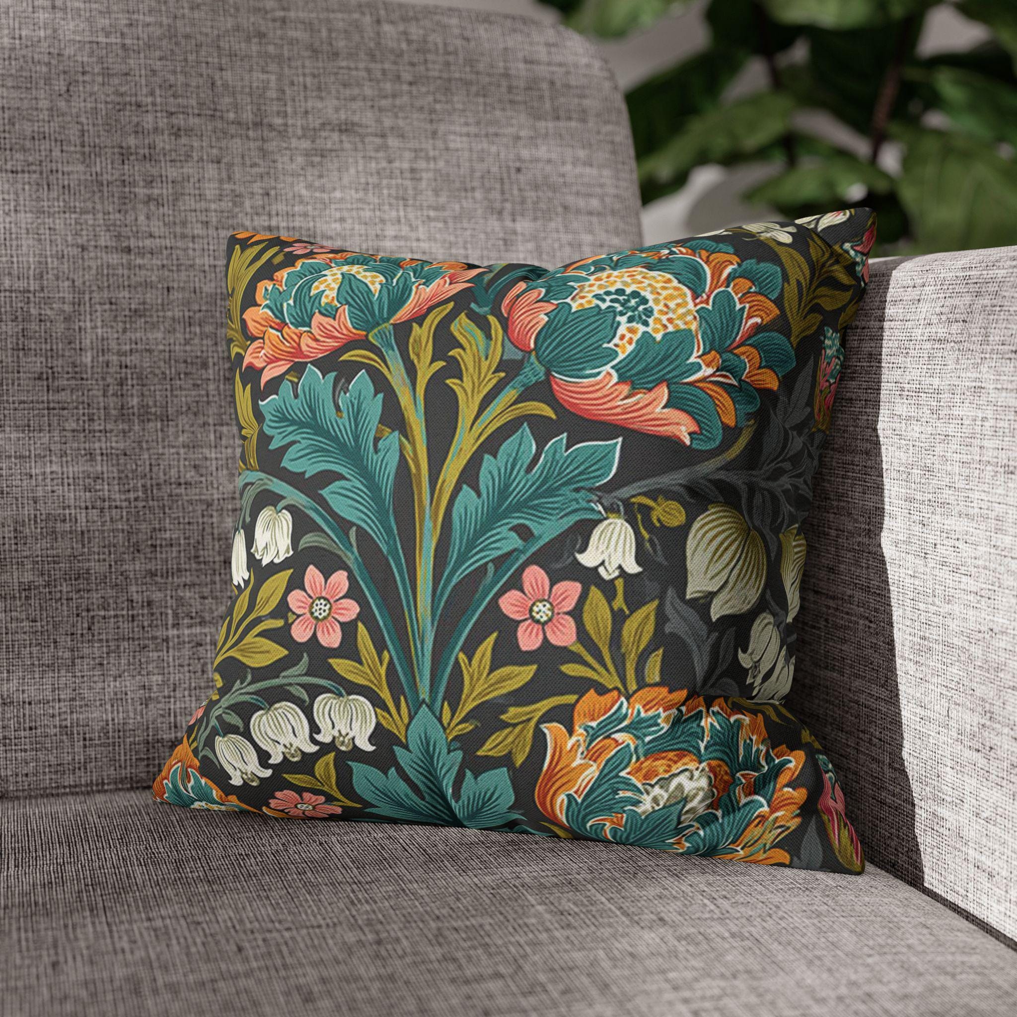 William Morris Style Throw Pillow Cover: Moody Teal Coral Botanical