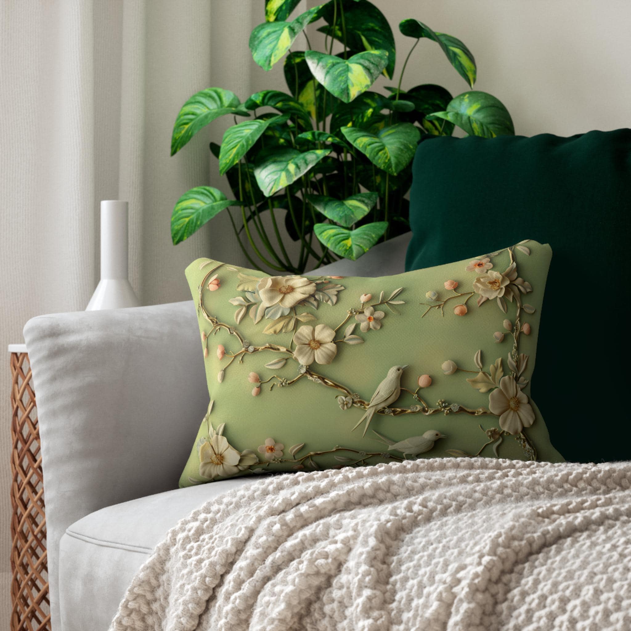 Lumbar Pillow: Chinoiserie Birds and Flowers - Pastel Sage Green