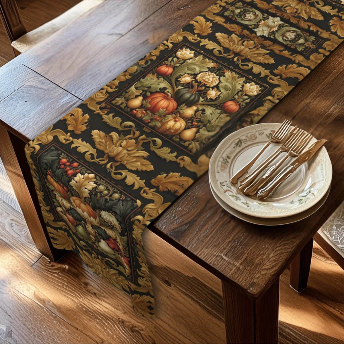 William Morris Inspired Fall Table Runner: Vintage Harvest Tapestry in Deep Brown, Gold, & Rust
