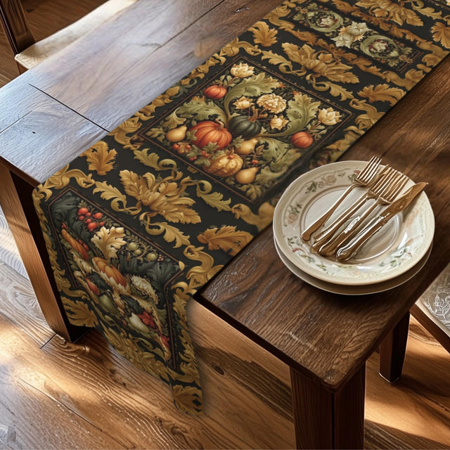 William Morris Inspired Fall Table Runner: Vintage Harvest Tapestry in Deep Brown, Gold, & Rust