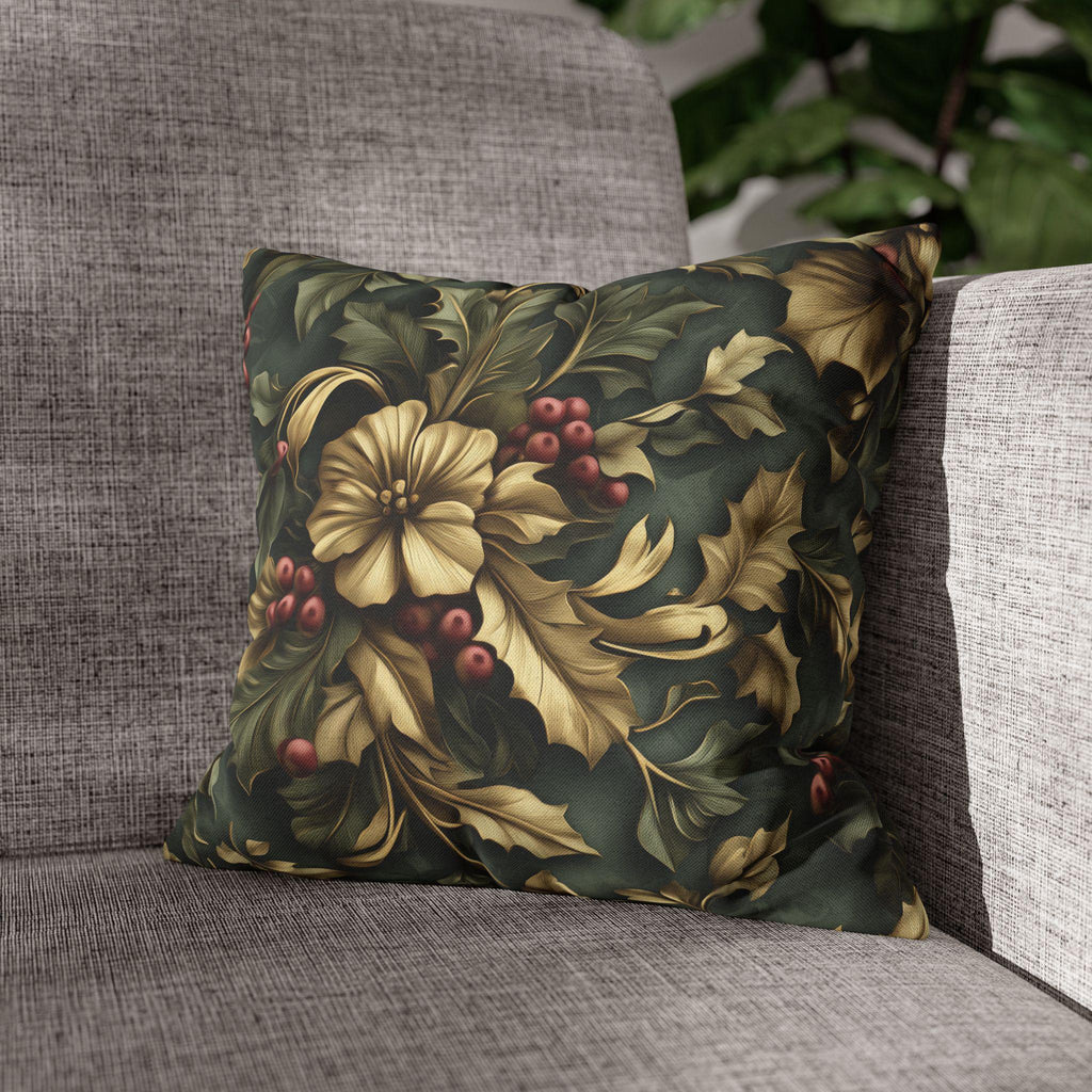 William Morris Inspired Holly & Berries Pillow Cover: Evergreen, Antique Gold, Cranberry