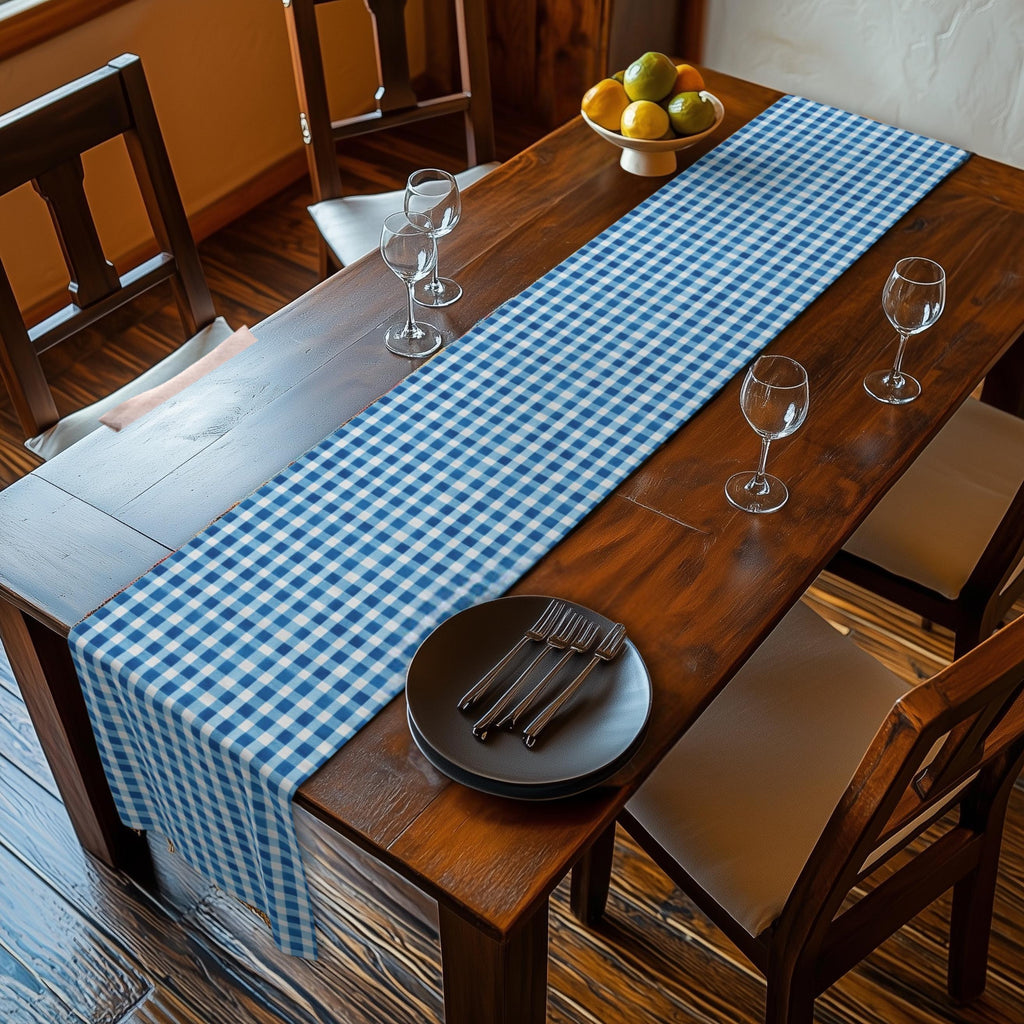 Blue Gingham Plaid Table Runner: Classic Farmhouse Check Accent