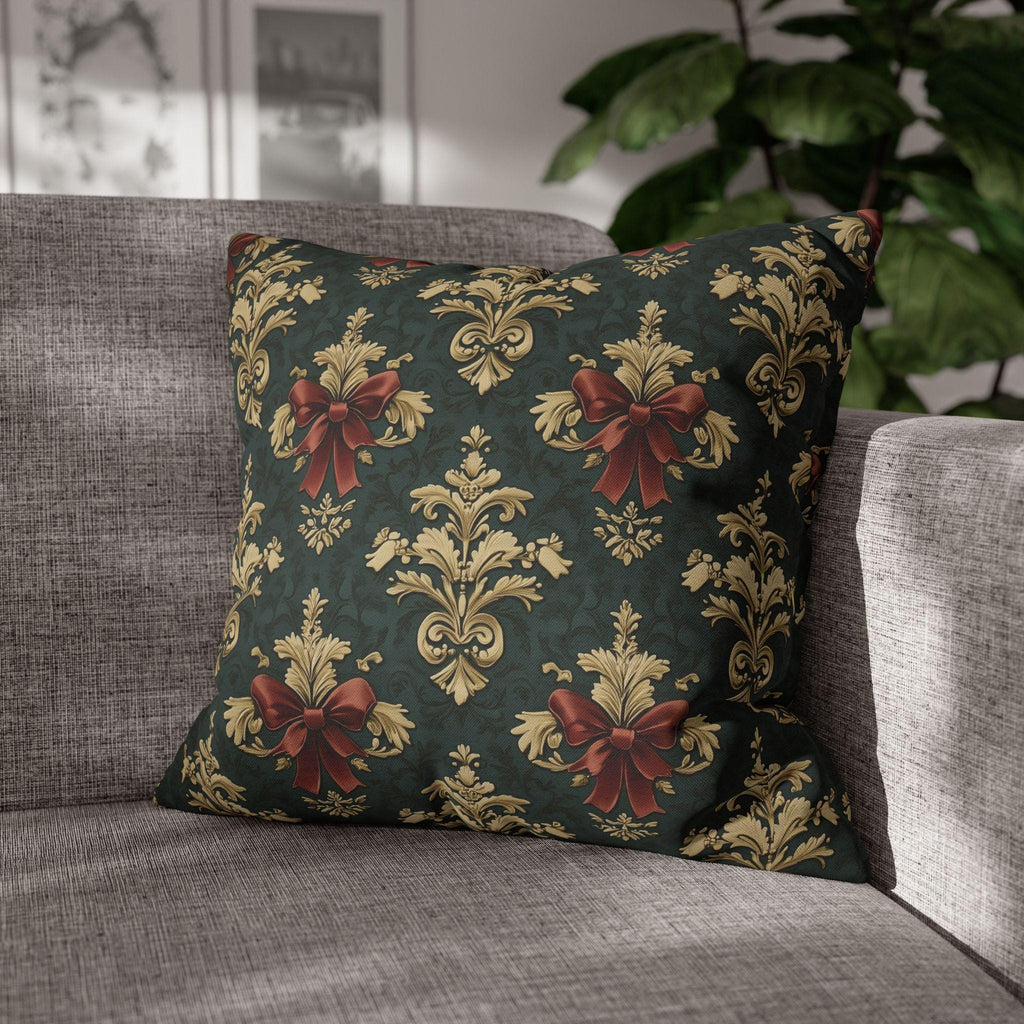 Baroque Damask Christmas Pillow Cover: Evergreen Gold and Simulated Red Bow Holiday Accent