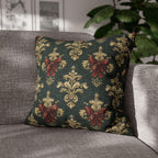 Baroque Damask Christmas Pillow Cover: Evergreen Gold and Simulated Red Bow Holiday Accent