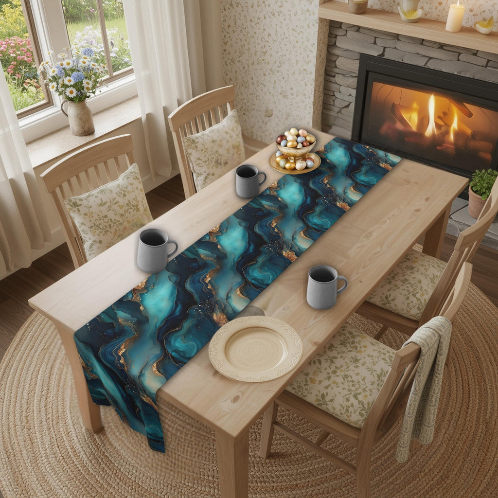 Modern Abstract Ocean Waves Table Runner: Teal, Navy and Gold Coastal Luxe Decor