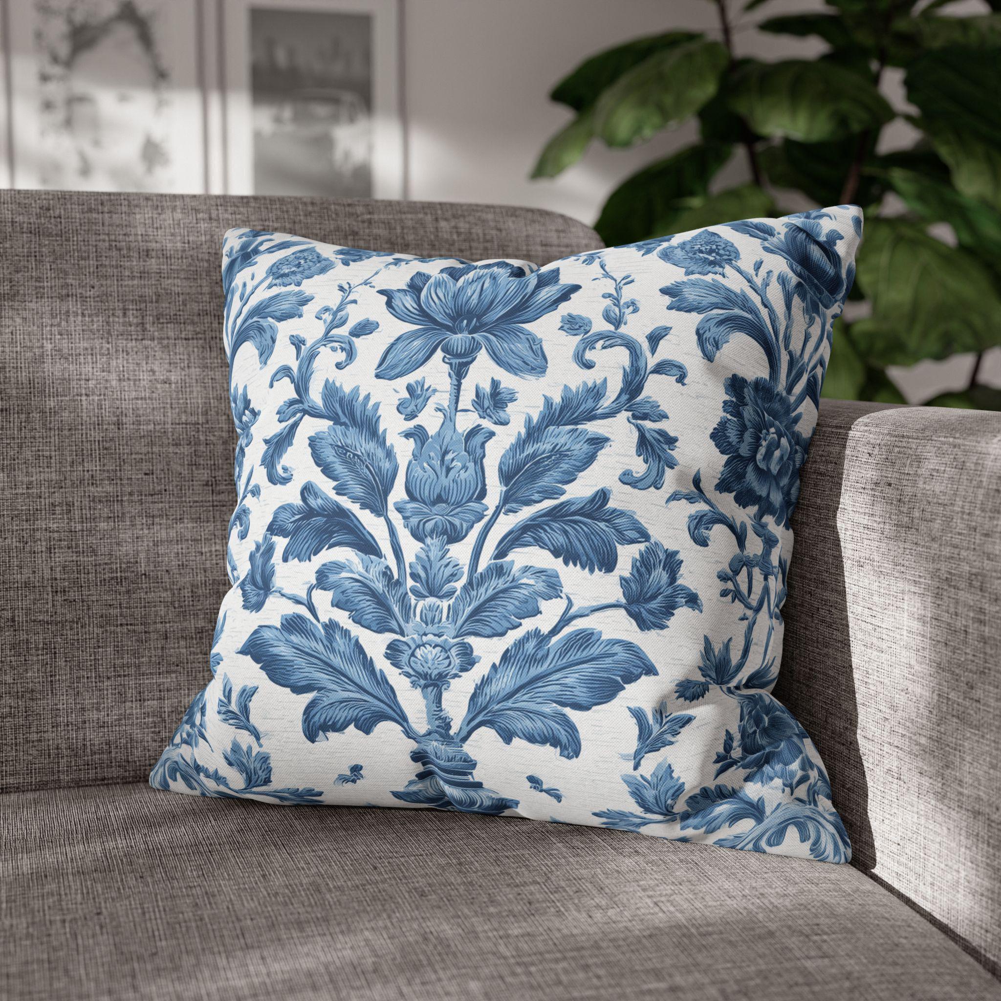 Jacobean Floral Pillow Cover: Vintage Style Blue & White Traditional Botanical Cushion for Classic Decor