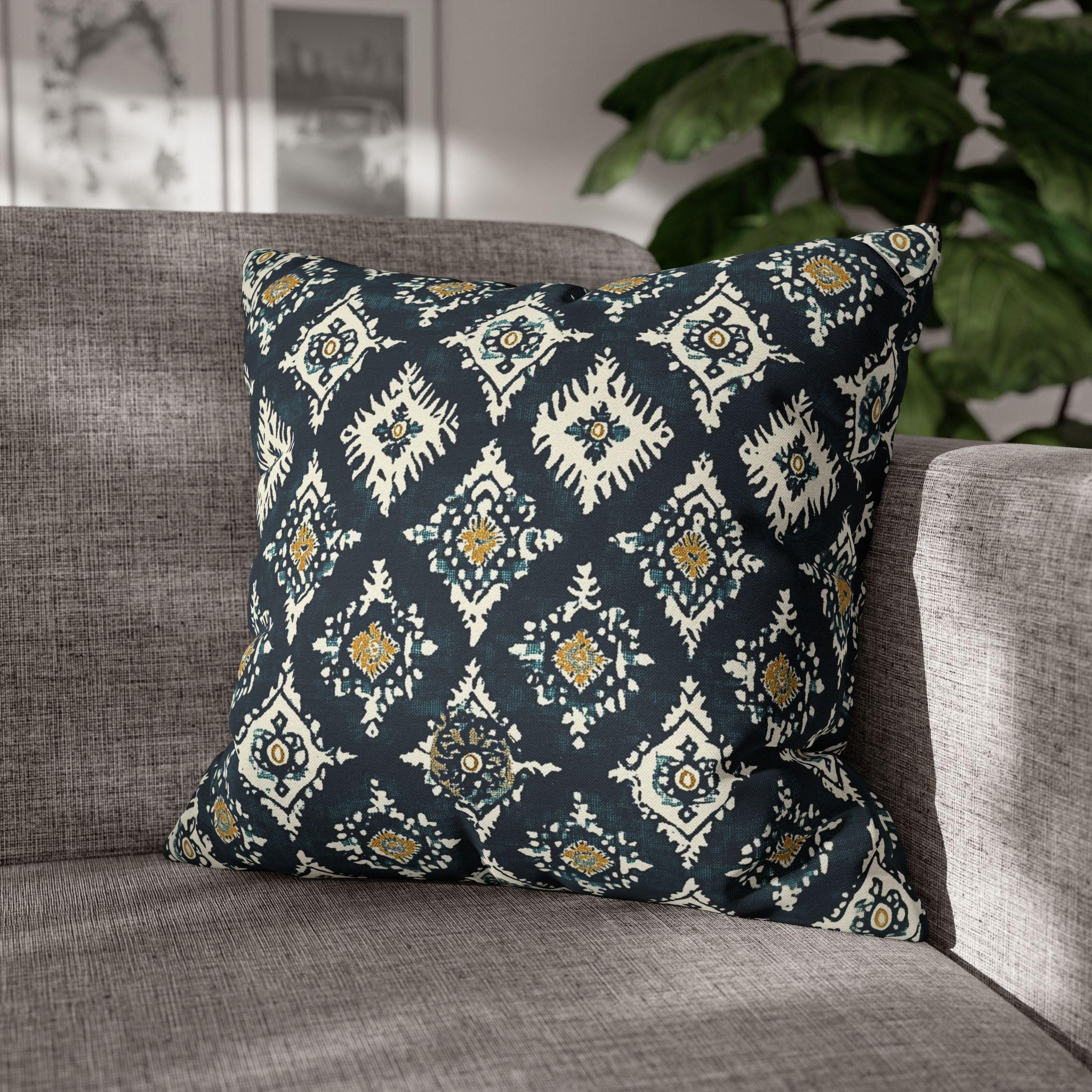 Traditional Ikat Style Pillow Cover | Dark Blue, White, Mustard Yellow | Geometric Design
