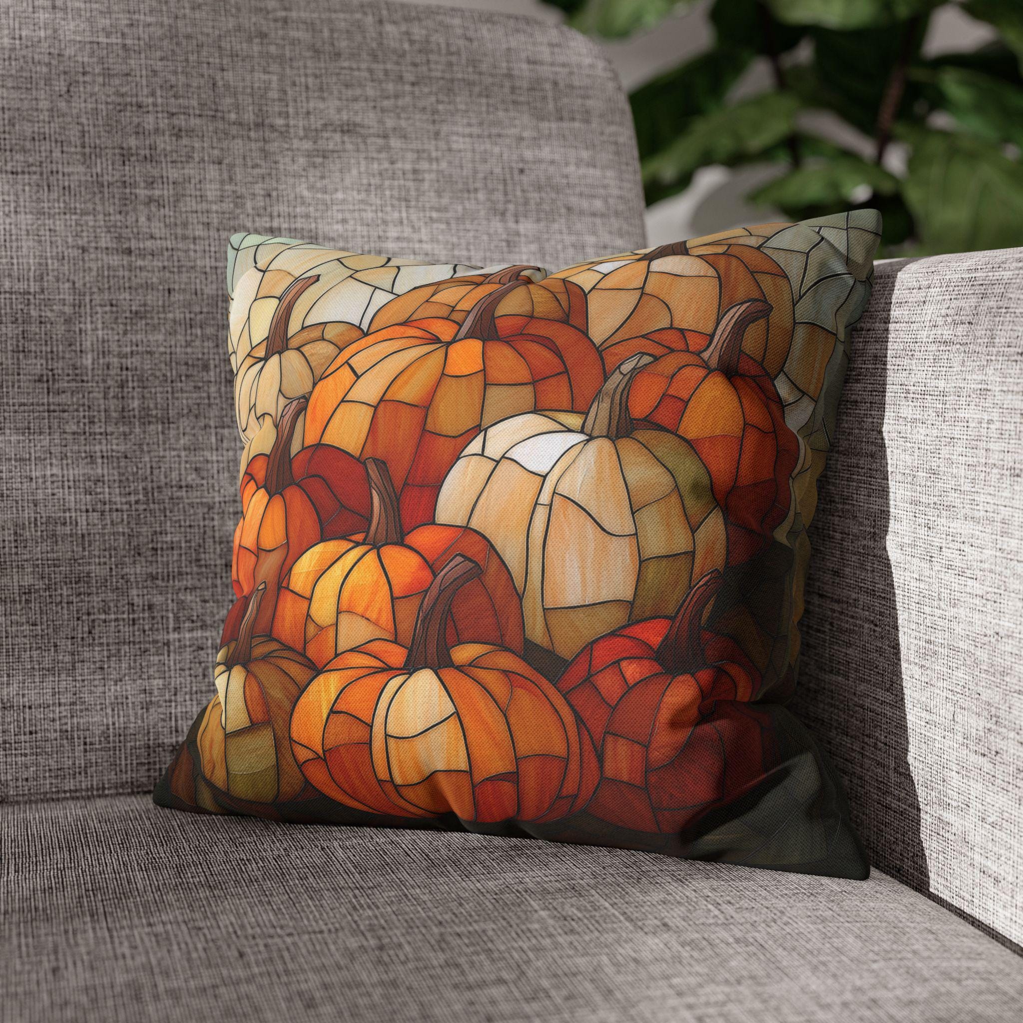 Pumpkin Mosaic Pillow Cover, Fall Decor, Stained Glass Effect