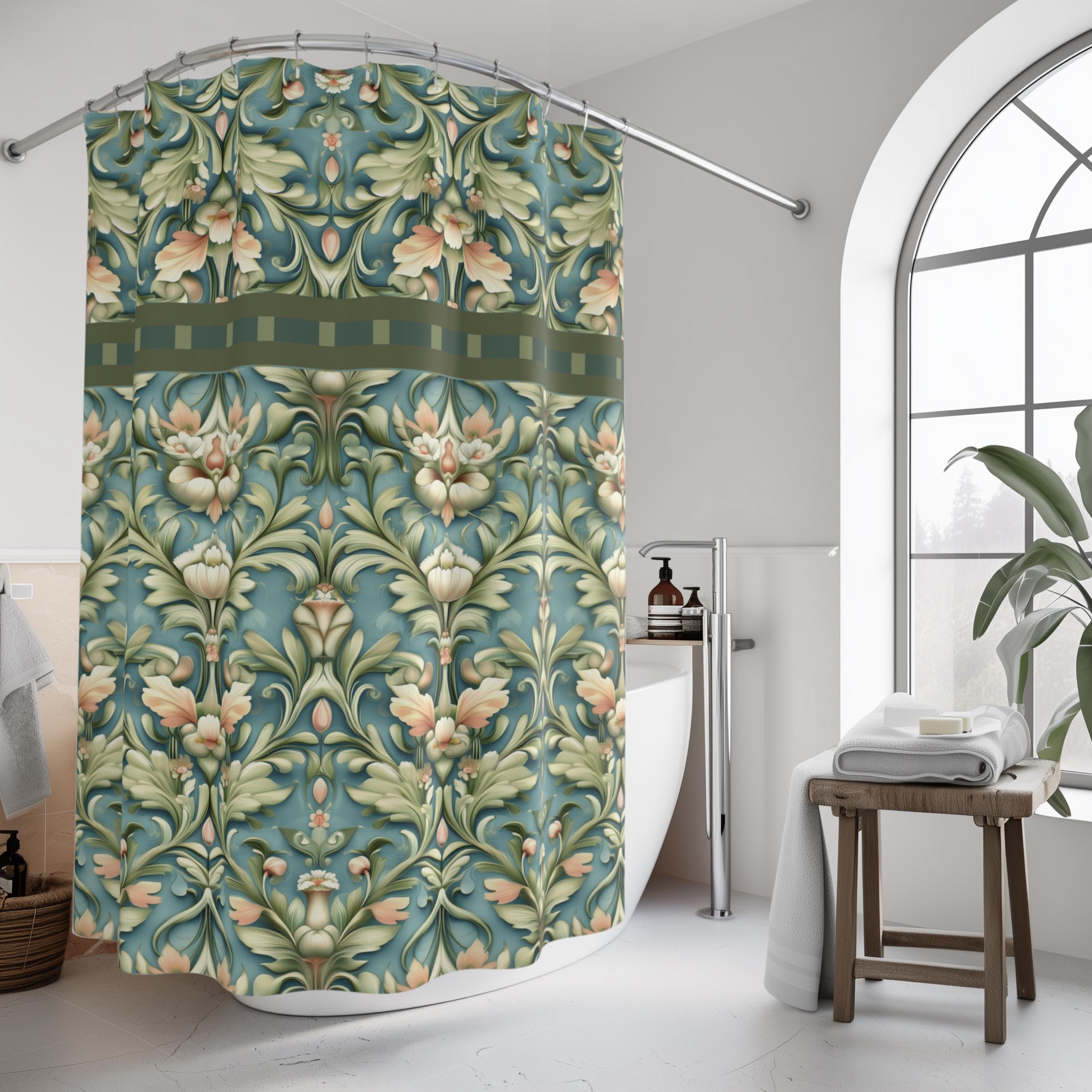 William Morris Inspired Botanical Shower Curtain: Vintage Teal Sage Peach Floral Bathroom Decor