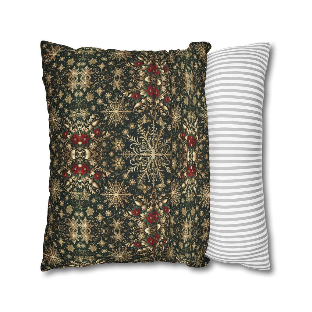 Elegant Gold Snowflake Poinsettia Square Pillow Cover: Holiday Tapestry Pattern for Christmas Home Decor