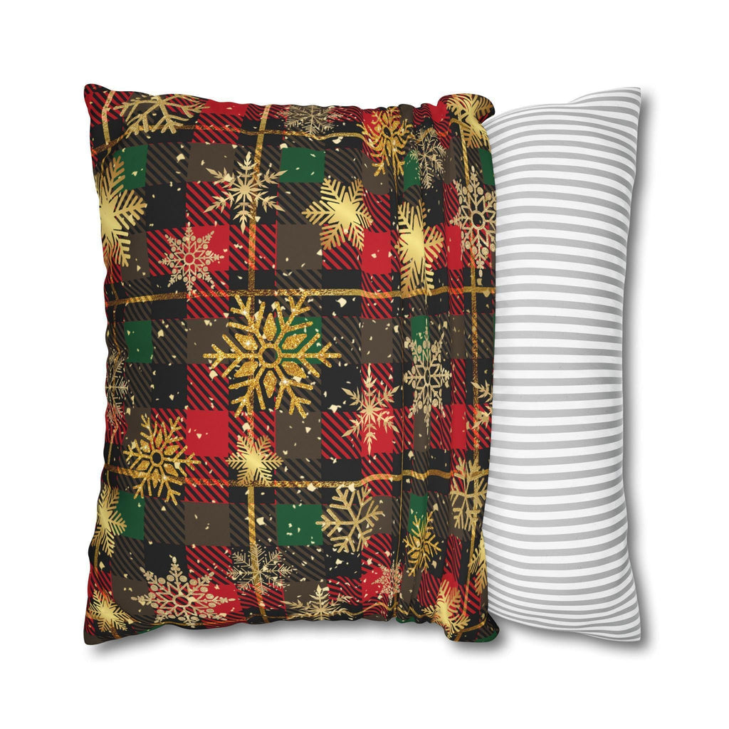 Christmas Plaid Pillow Cover, Gold Snowflakes, Festive Home Decor