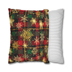 Christmas Plaid Pillow Cover, Gold Snowflakes, Festive Home Decor