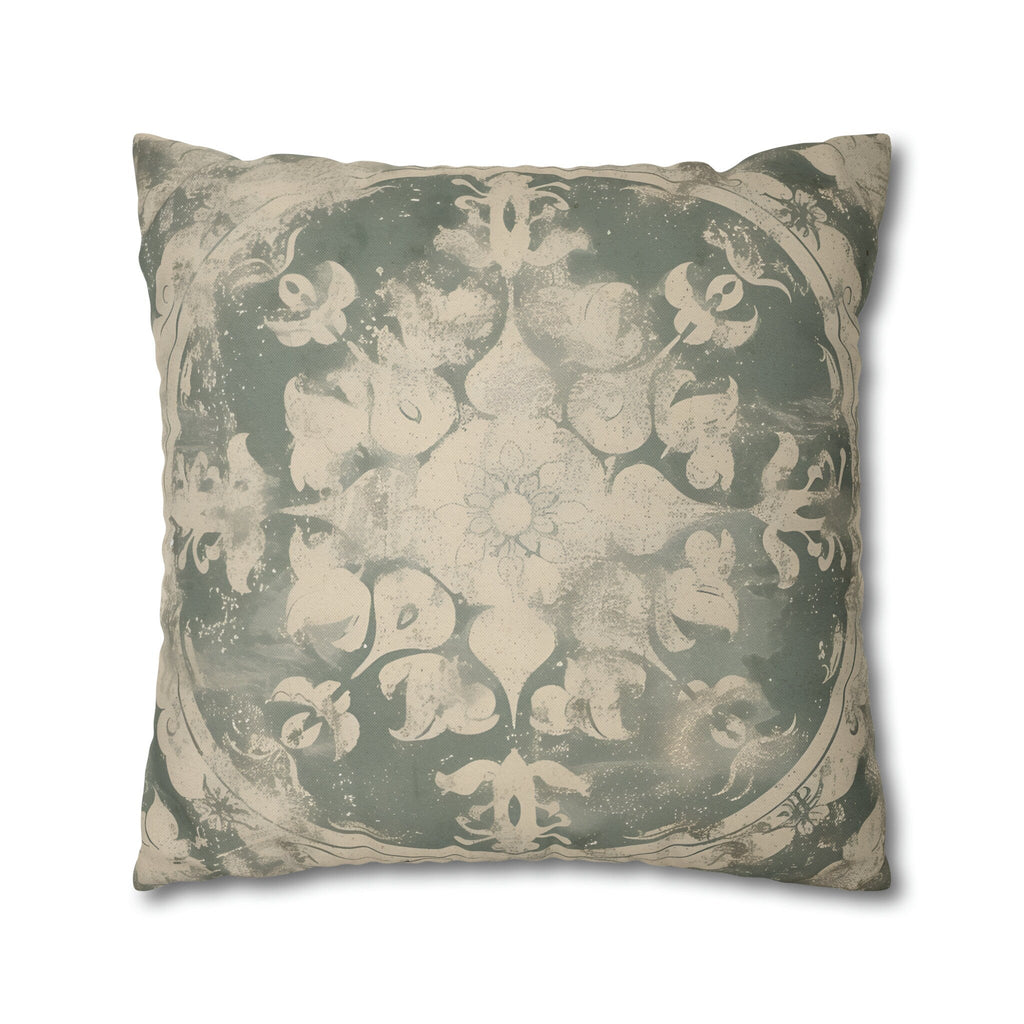 Vintage-Inspired French Farmhouse Pillow Cover: Faded Symmetrical Design in Sage & Off-White