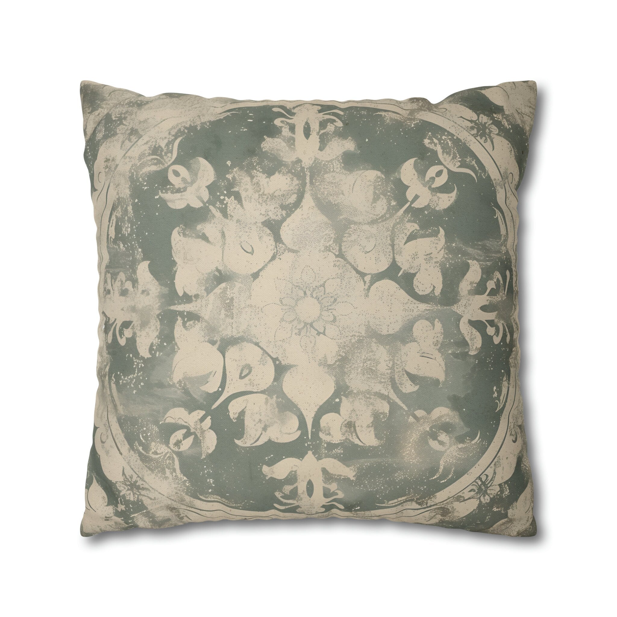 Vintage-Inspired French Farmhouse Pillow Cover: Faded Symmetrical Design in Sage & Off-White