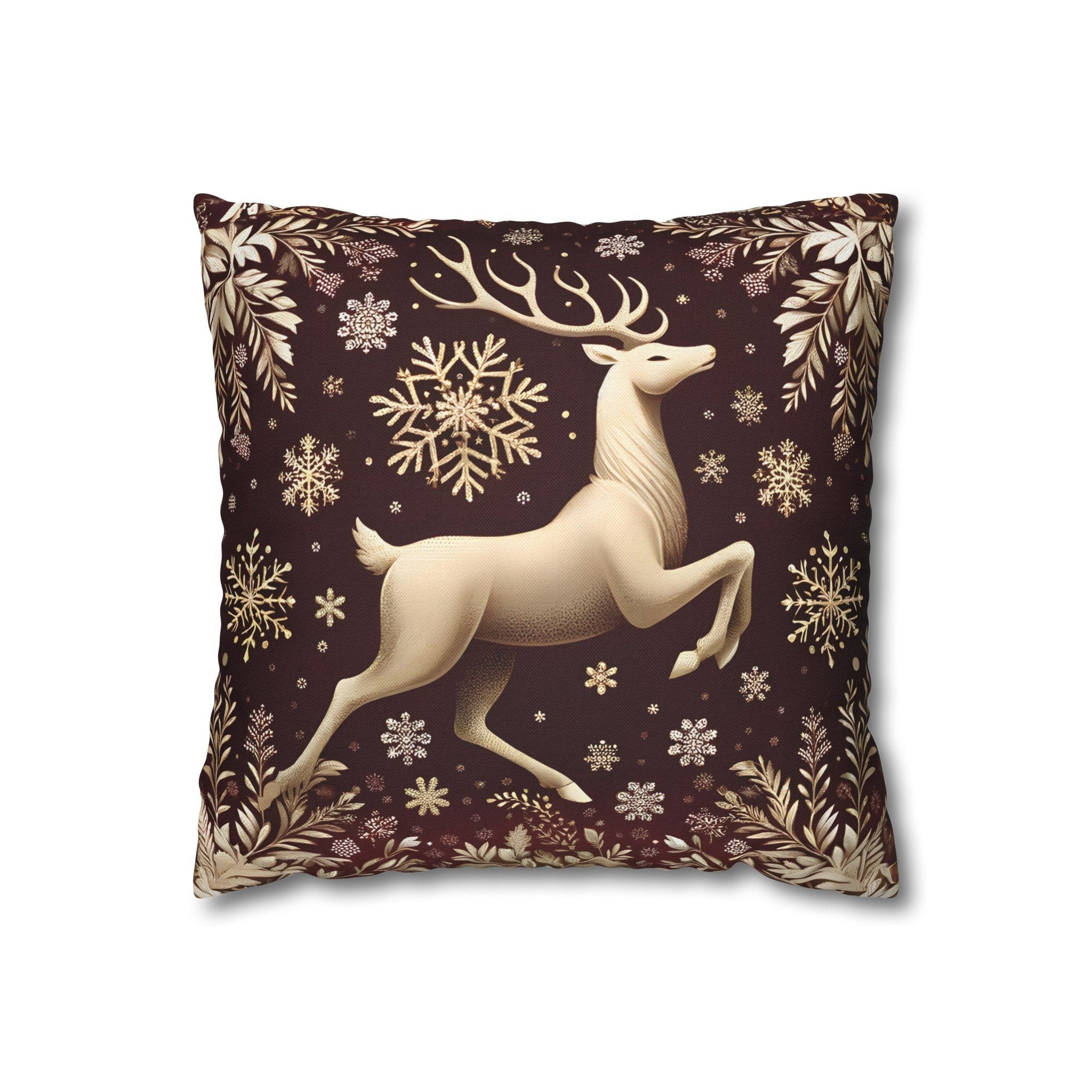 Regal Golden Reindeer Throw Pillow Cover: Burgundy & Gold Christmas Elegance