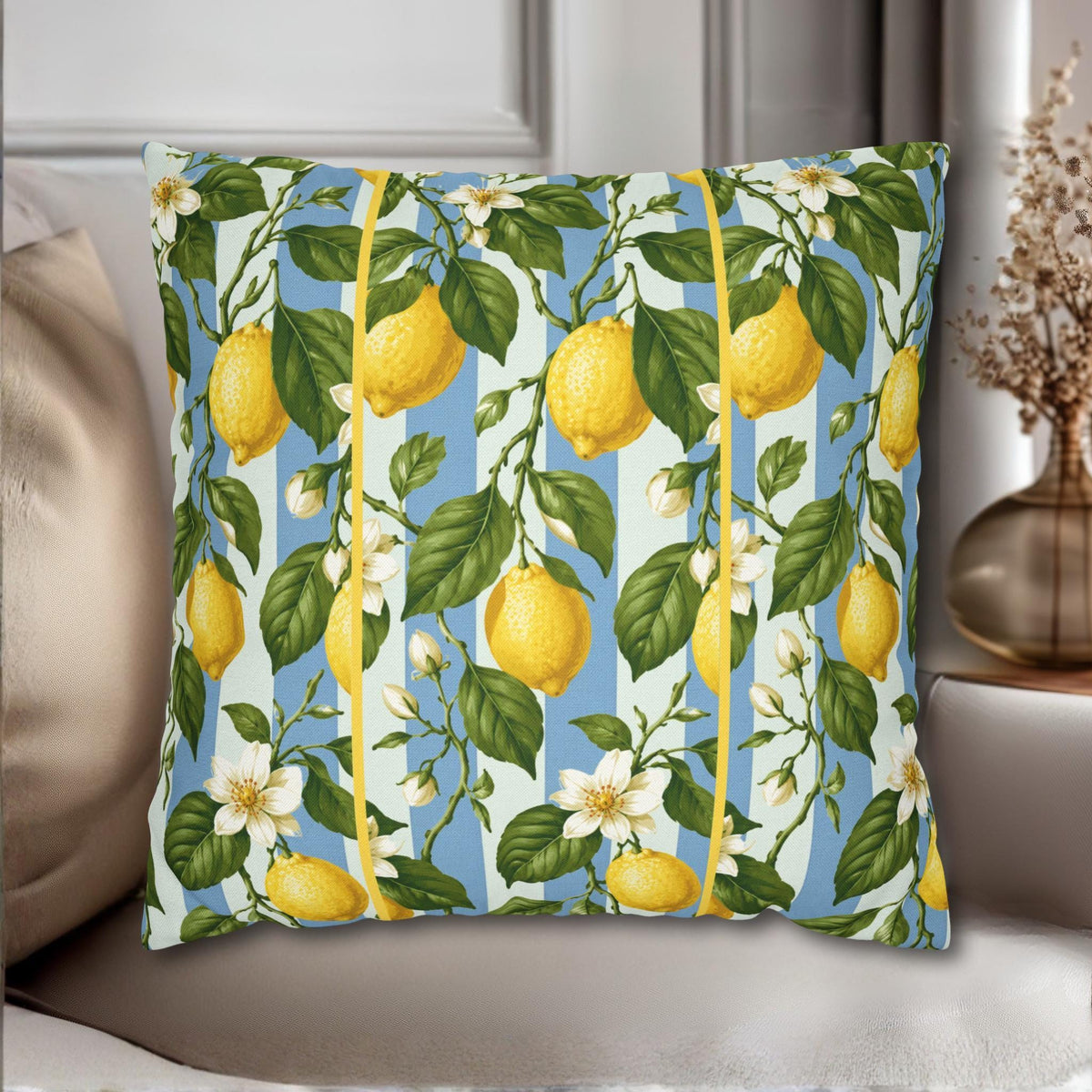 Lemon Soft Blue Stripe Pillow Cover: with Green Leaves and White Florals