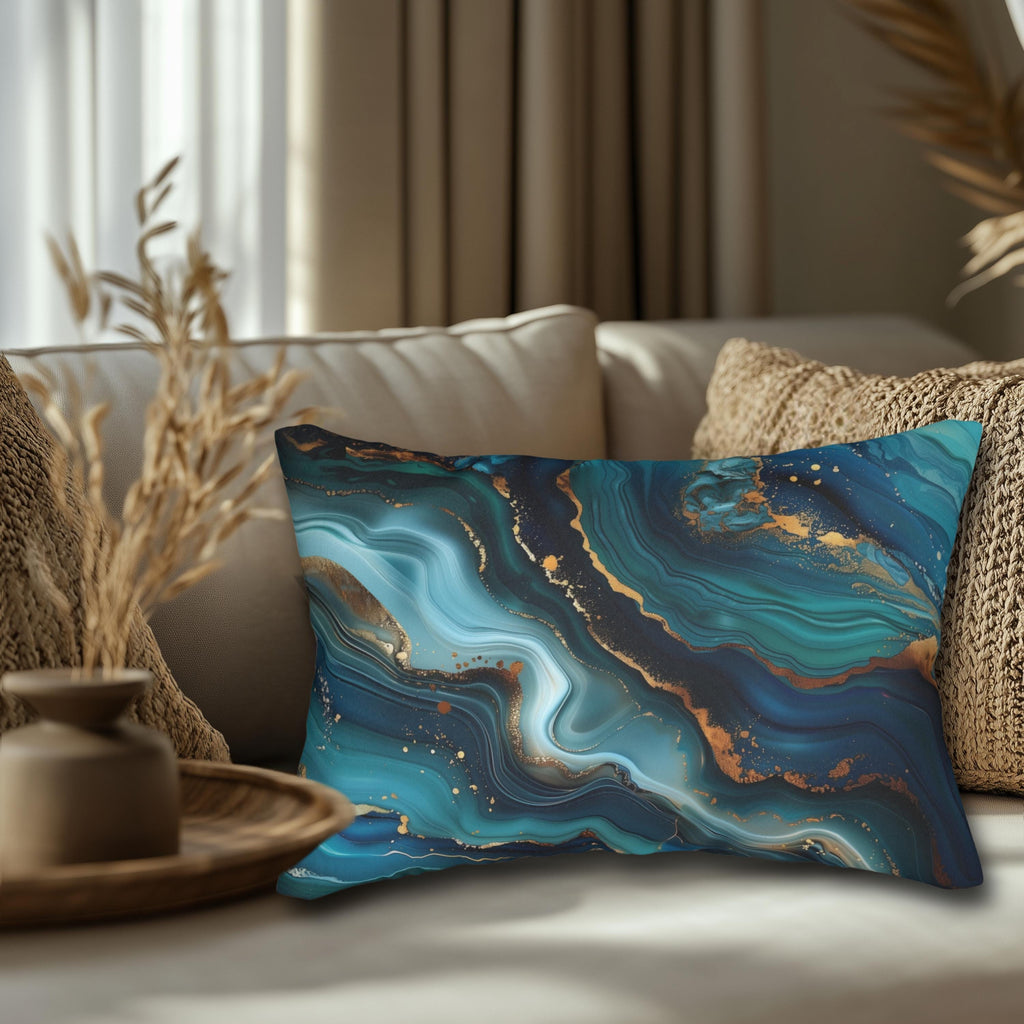 Sophisticated Ocean Waves Lumbar Pillow: Dark Blue & Teal with Gold Accents - Nautical Decor Gift
