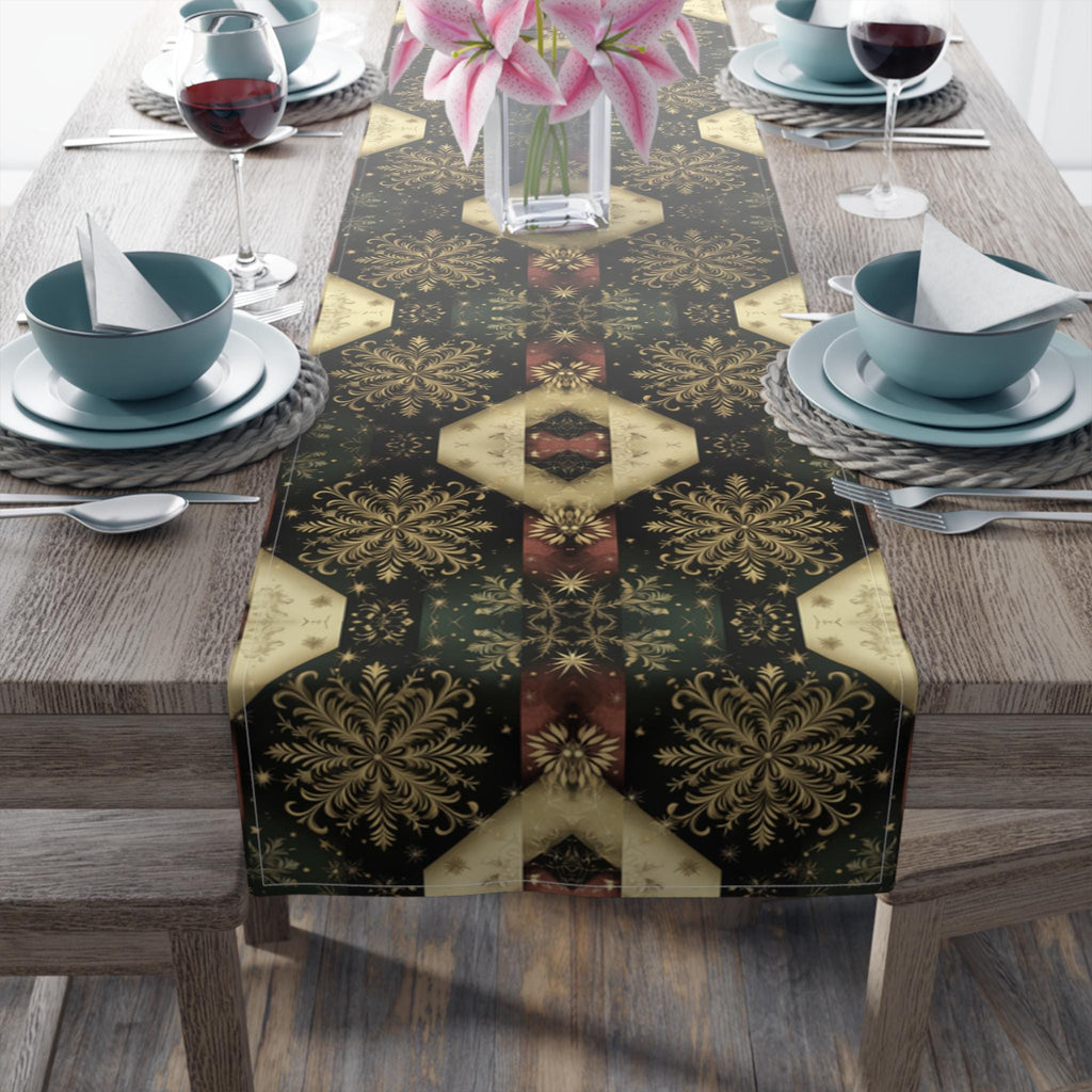 Festive Gold Snowflake Table Runner: Elegant Christmas Dining Decor in Green, Charcoal & Red