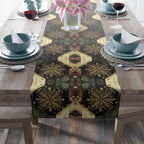 Festive Gold Snowflake Table Runner: Elegant Christmas Dining Decor in Green, Charcoal & Red