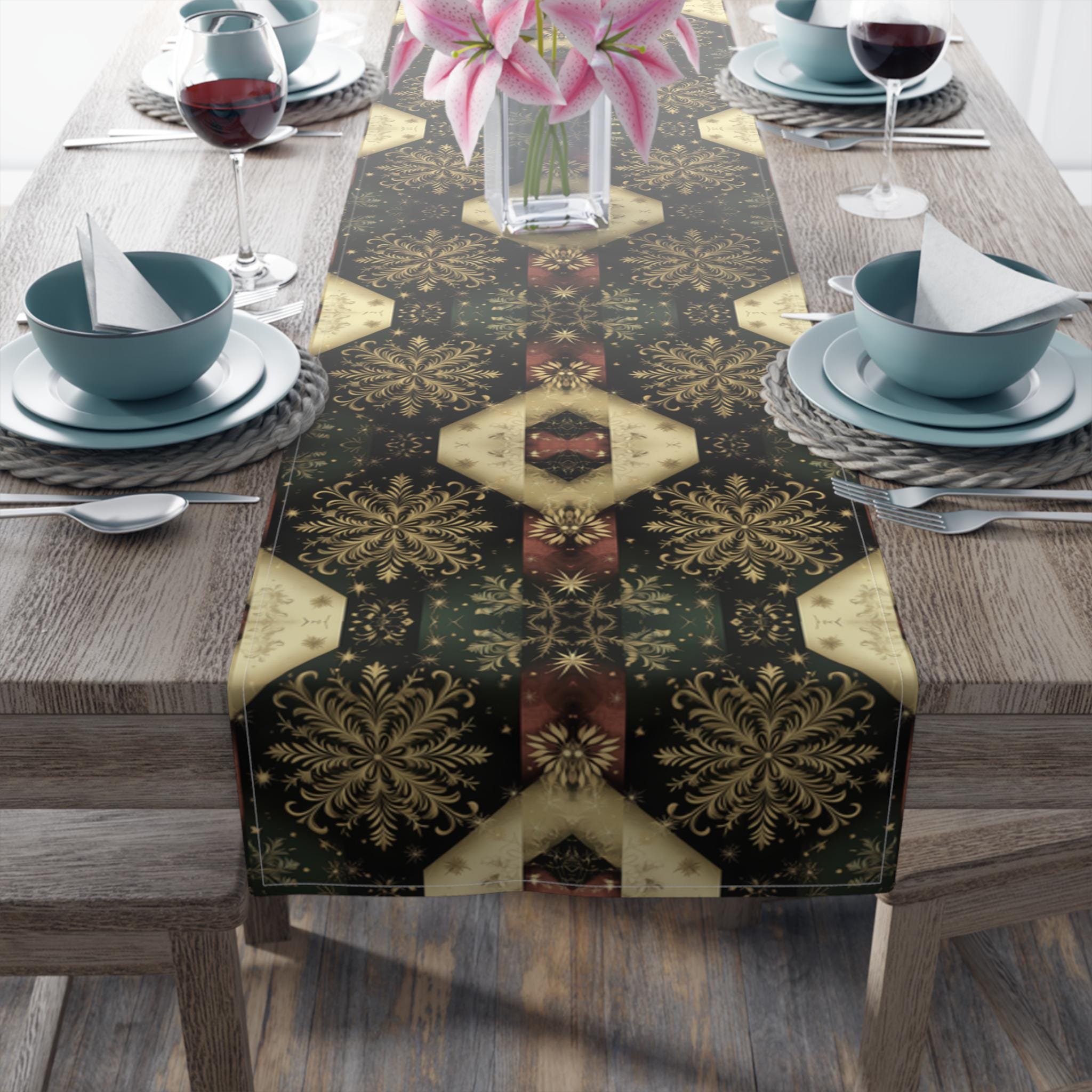 Festive Gold Snowflake Table Runner: Elegant Christmas Dining Decor in Green, Charcoal & Red