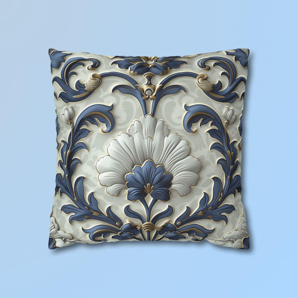 French Country Floral Pillow Cover, Blue White Gold Vintage Design