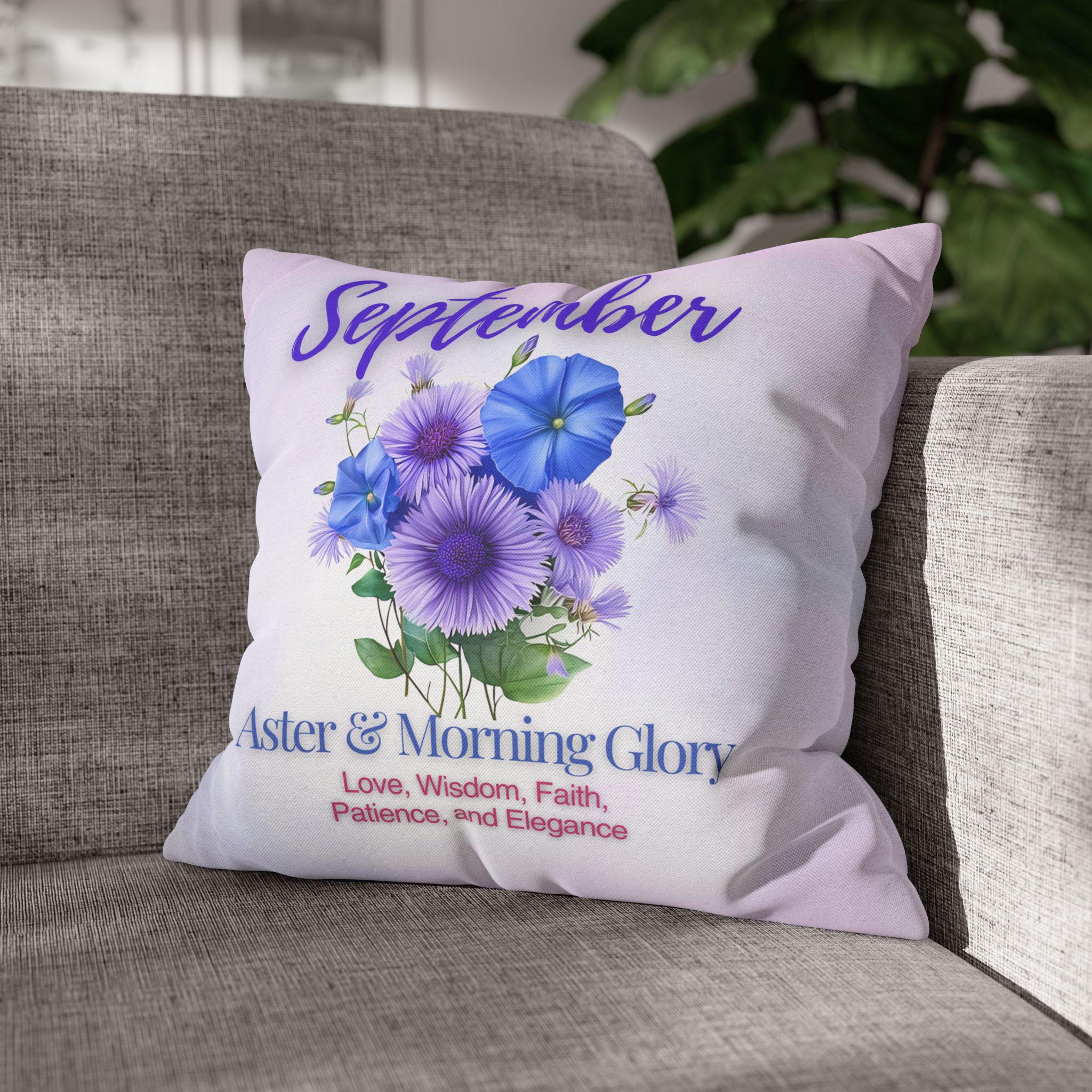 September Birth Flower Pillow Cover: Aster & Morning Glory Design - Elegant Floral Home Decor Gift