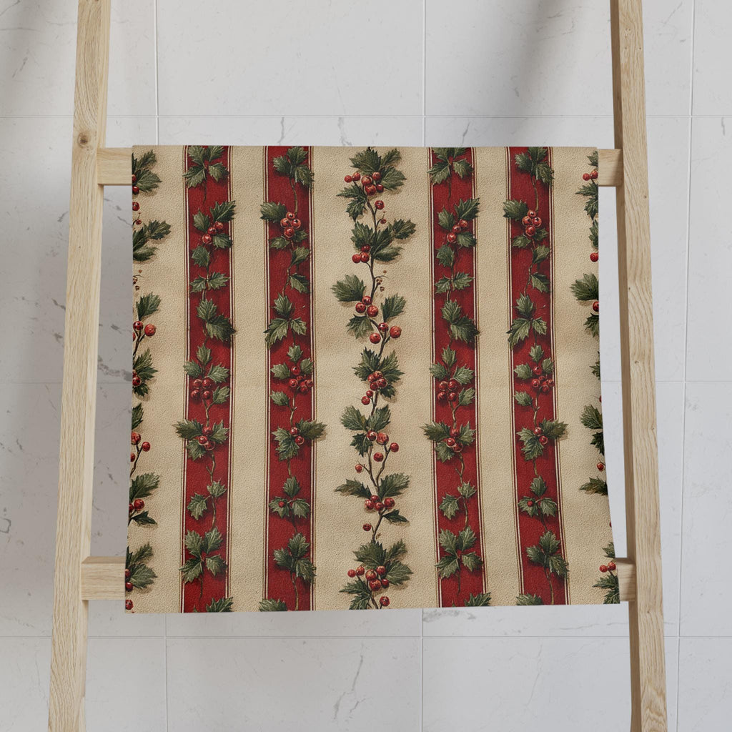 Striped Holly Christmas Hand Towel: Red Green Cream Holiday Botanical Winter Decor
