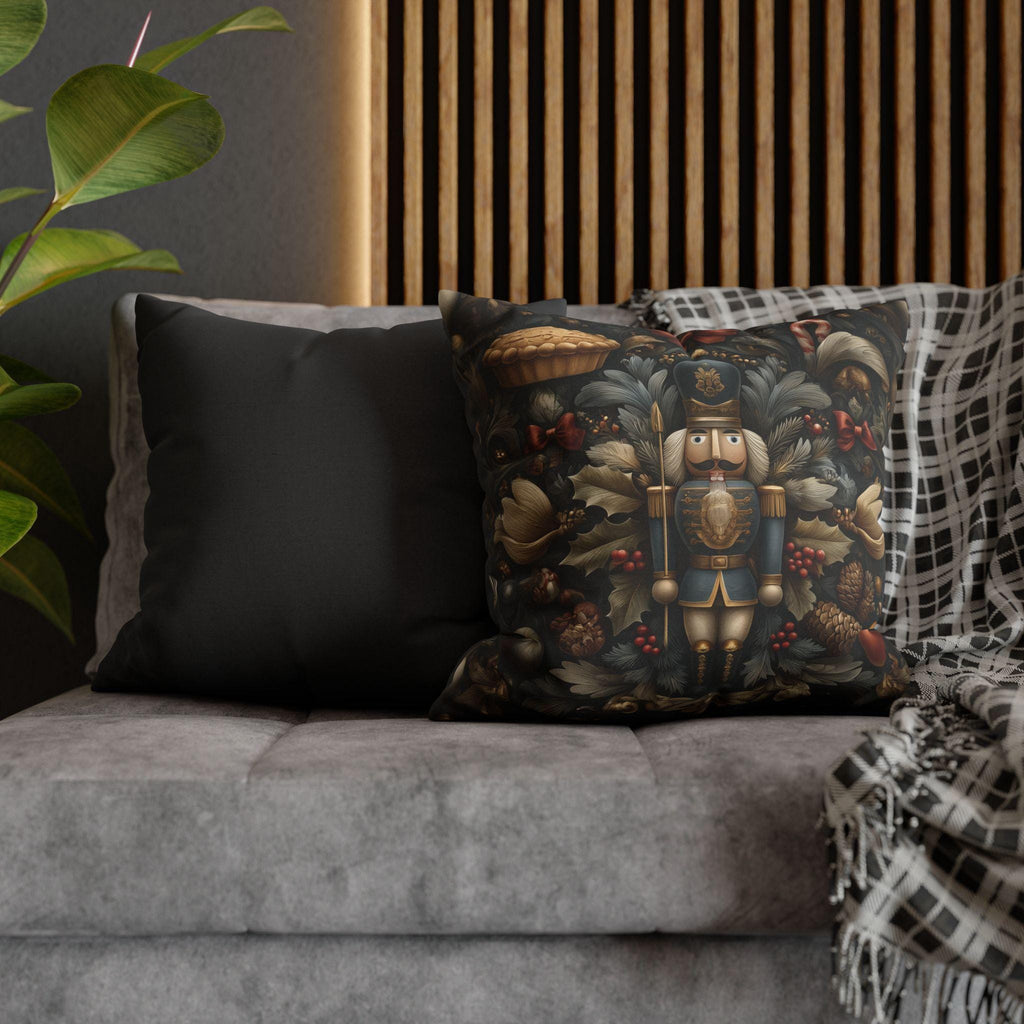 William Morris Inspired Nutcracker Christmas Pillow: Elegant Holiday Decor in Gray-Green, Gold & Red