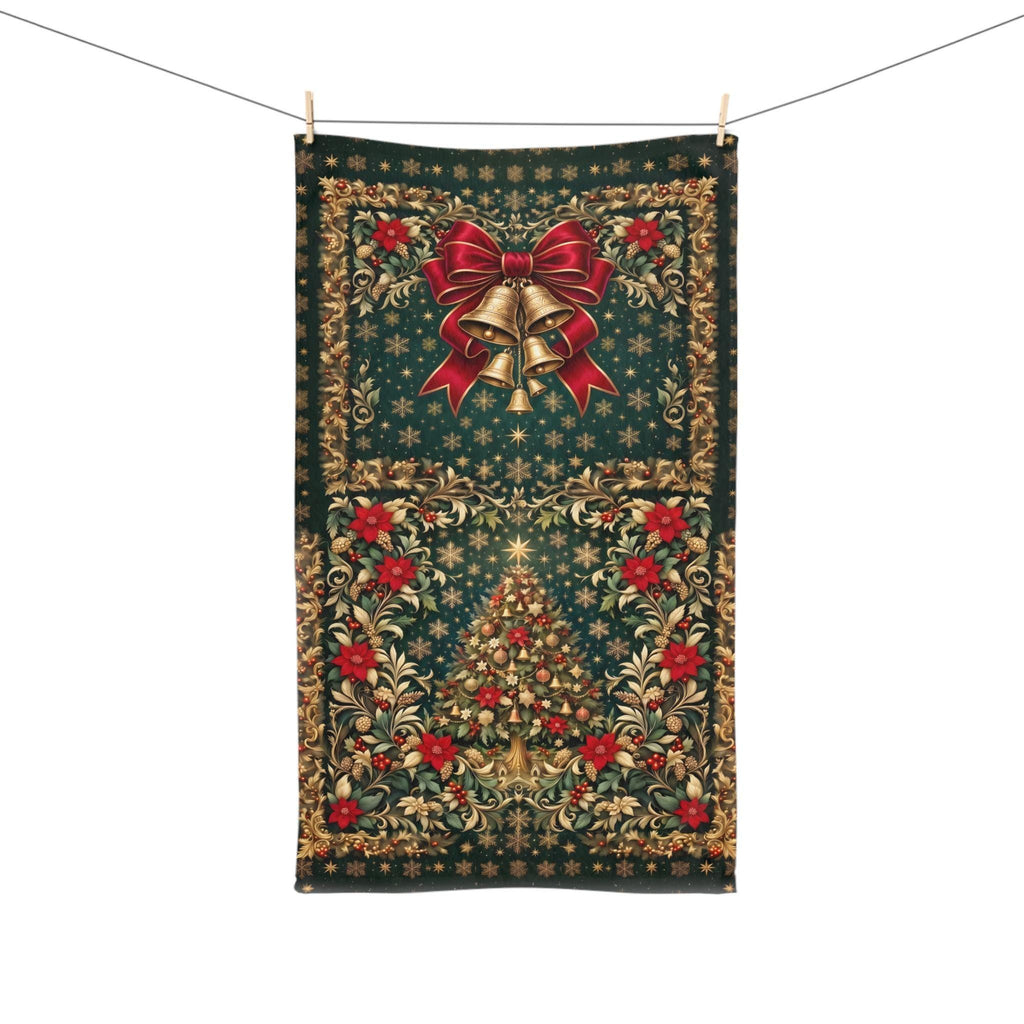 William Morris Christmas Hand Towel: Vintage Style Emerald Green Poinsettia, Golden Snowflake