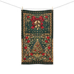 William Morris Christmas Hand Towel: Vintage Style Emerald Green Poinsettia, Golden Snowflake