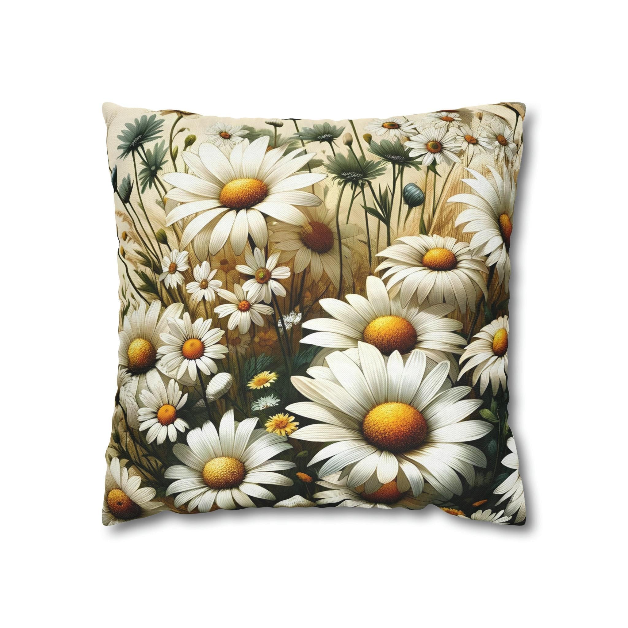 Vibrant Daisy Pattern Throw Pillow Cover | Organic Warmth on Cream Background | Charming Floral Design