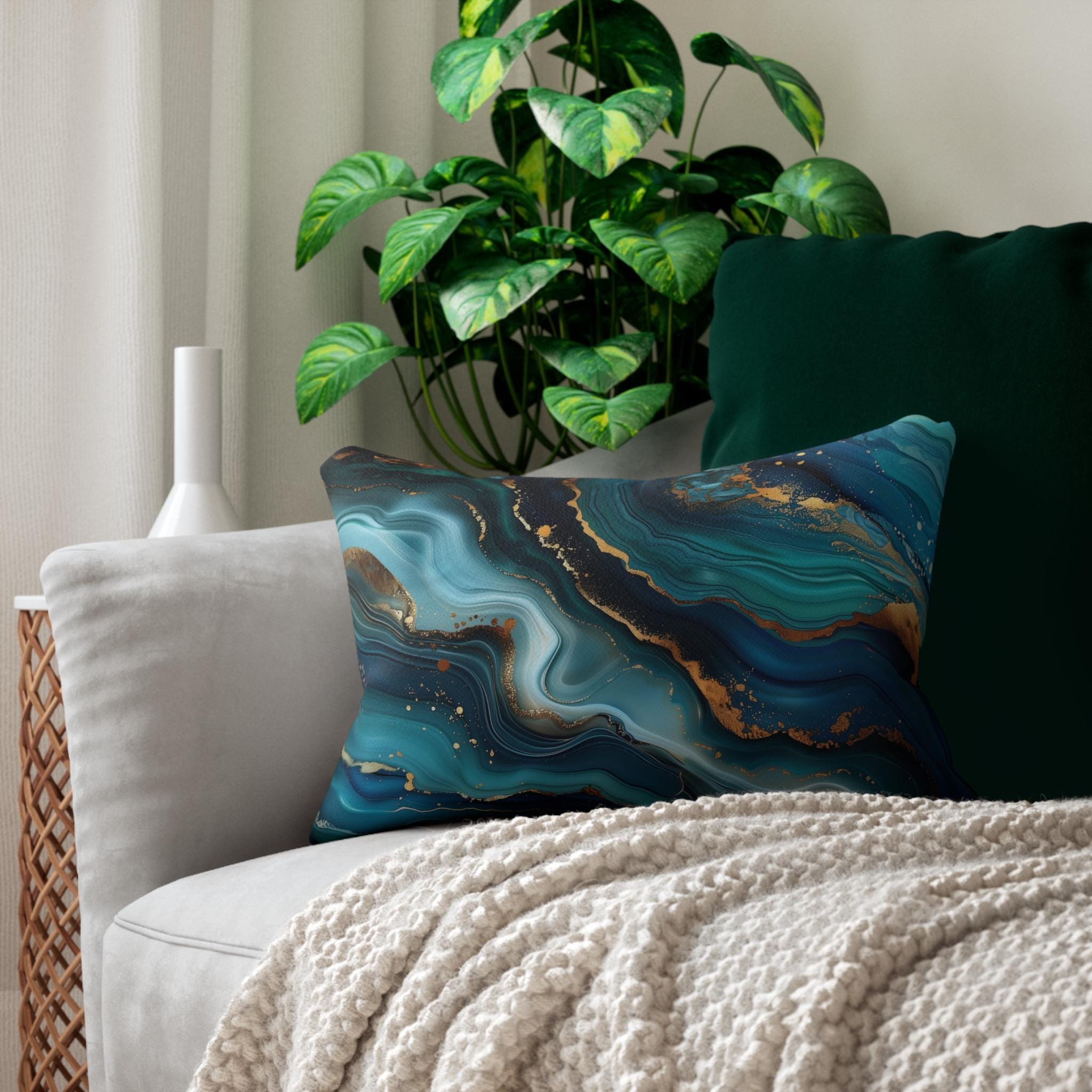 Sophisticated Ocean Waves Lumbar Pillow: Dark Blue & Teal with Gold Accents - Nautical Decor Gift