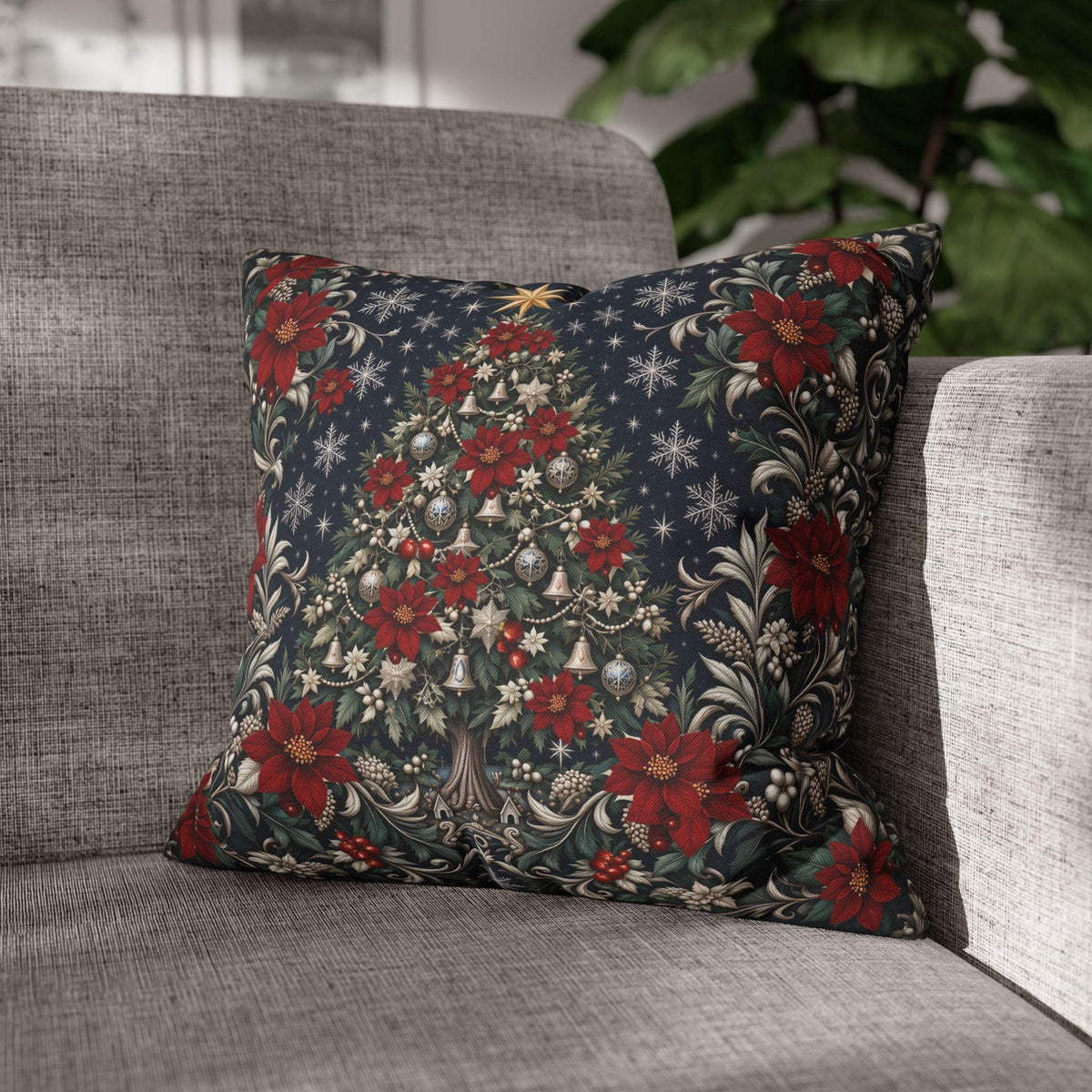 William Morris Christmas Pillow Cover: Navy Blue Poinsettia, Silver Snowflake Vintage Style Holiday