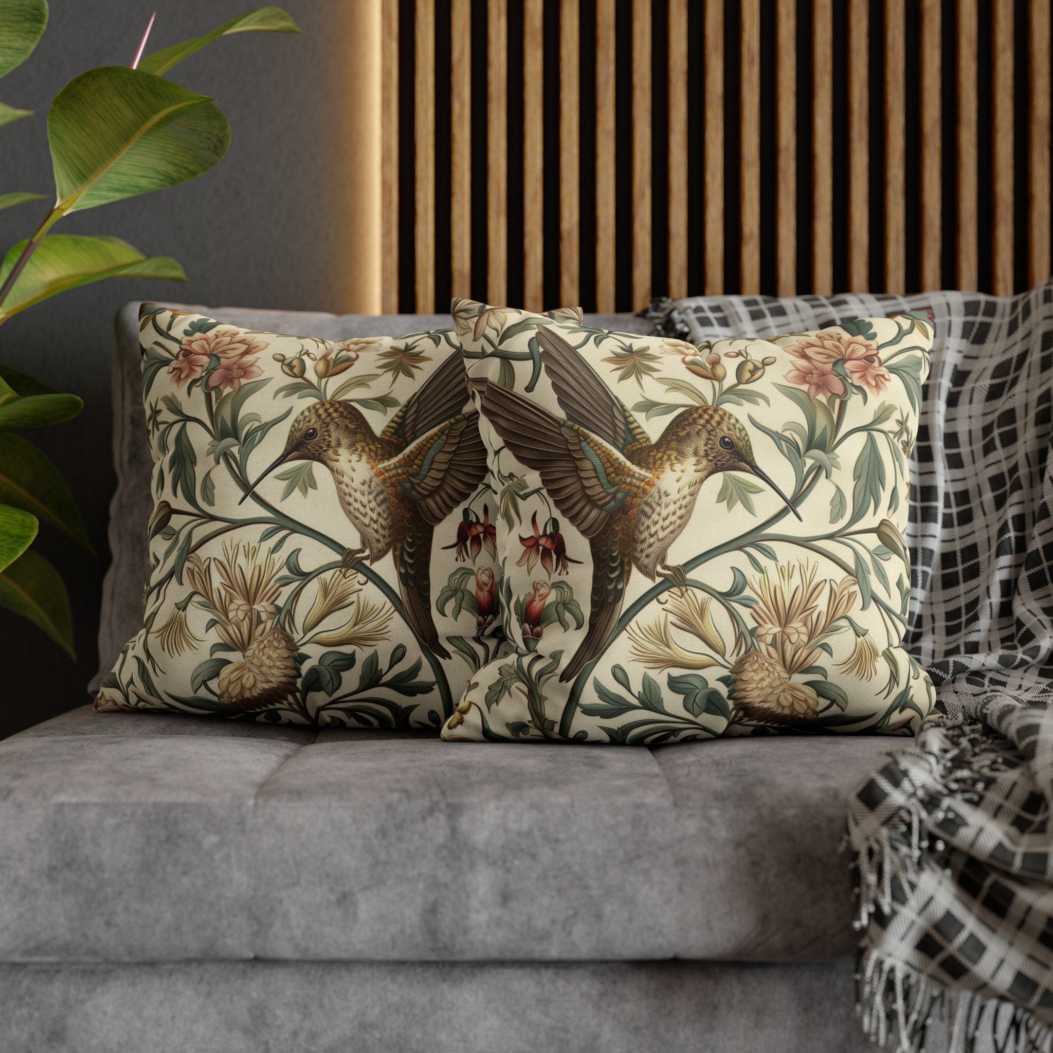 William Morris Hummingbird Pillow Cover: Floral Bird Art