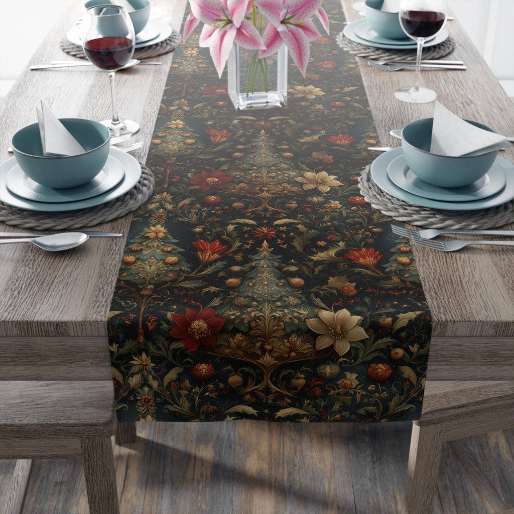 Intricate Christmas Table Runner: William Morris Holiday Botanical Pattern, Dark Red & Gold