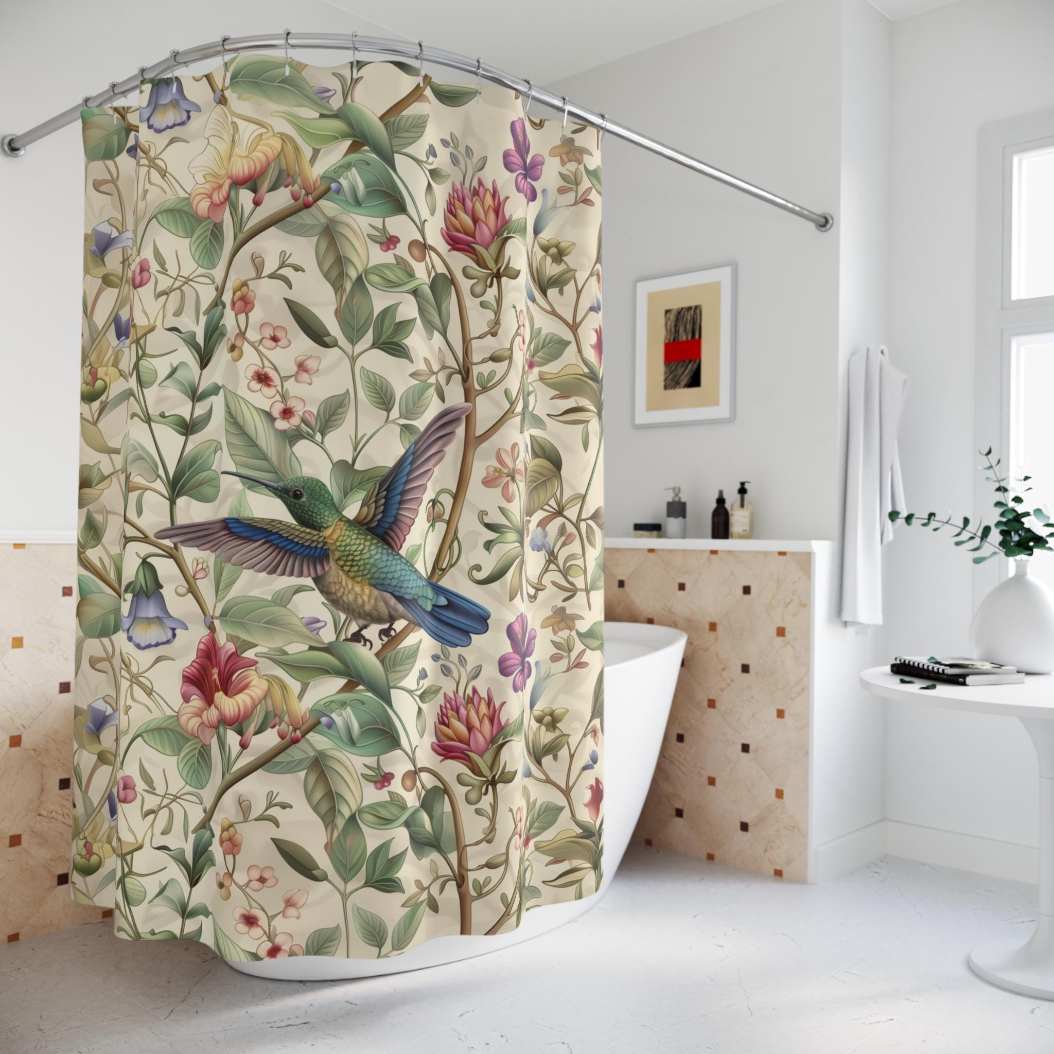 William Morris Hummingbird Botanical Shower Curtain: Vintage Style Floral Cream Bathroom Decor