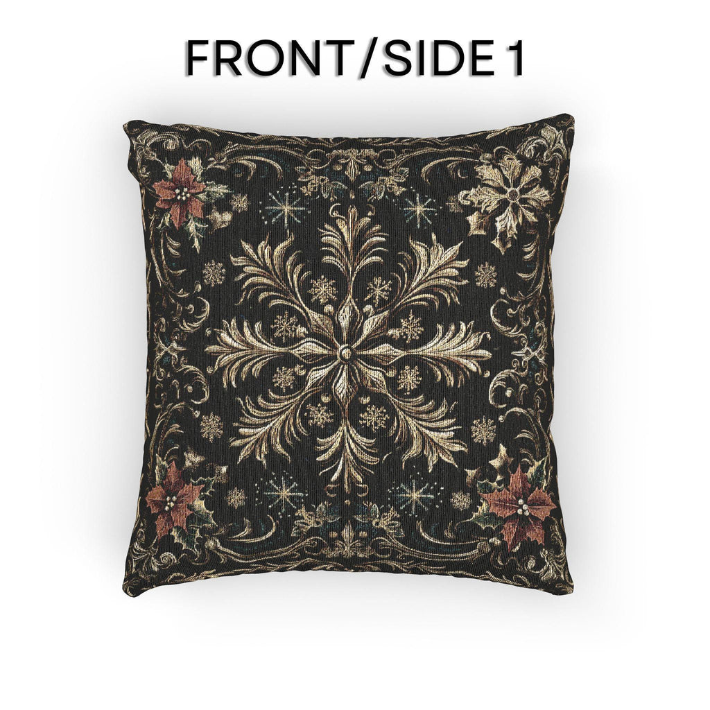Christmas Woven Throw Pillow, Ivory Gold Snowflakes and Red Poinsettias on Deep Charcoal