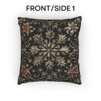Christmas Woven Throw Pillow, Ivory Gold Snowflakes and Red Poinsettias on Deep Charcoal