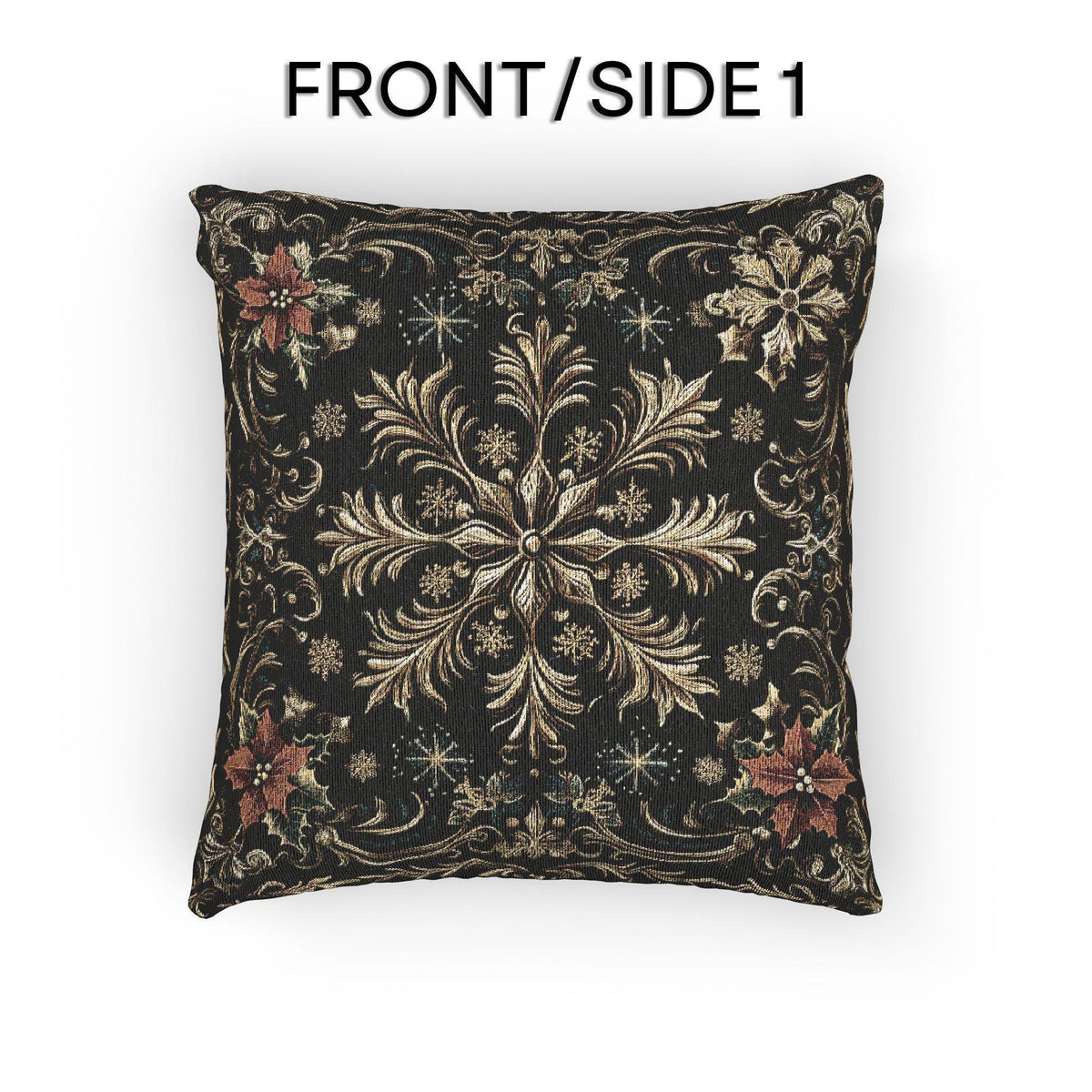 Christmas Woven Throw Pillow, Ivory Gold Snowflakes and Red Poinsettias on Deep Charcoal