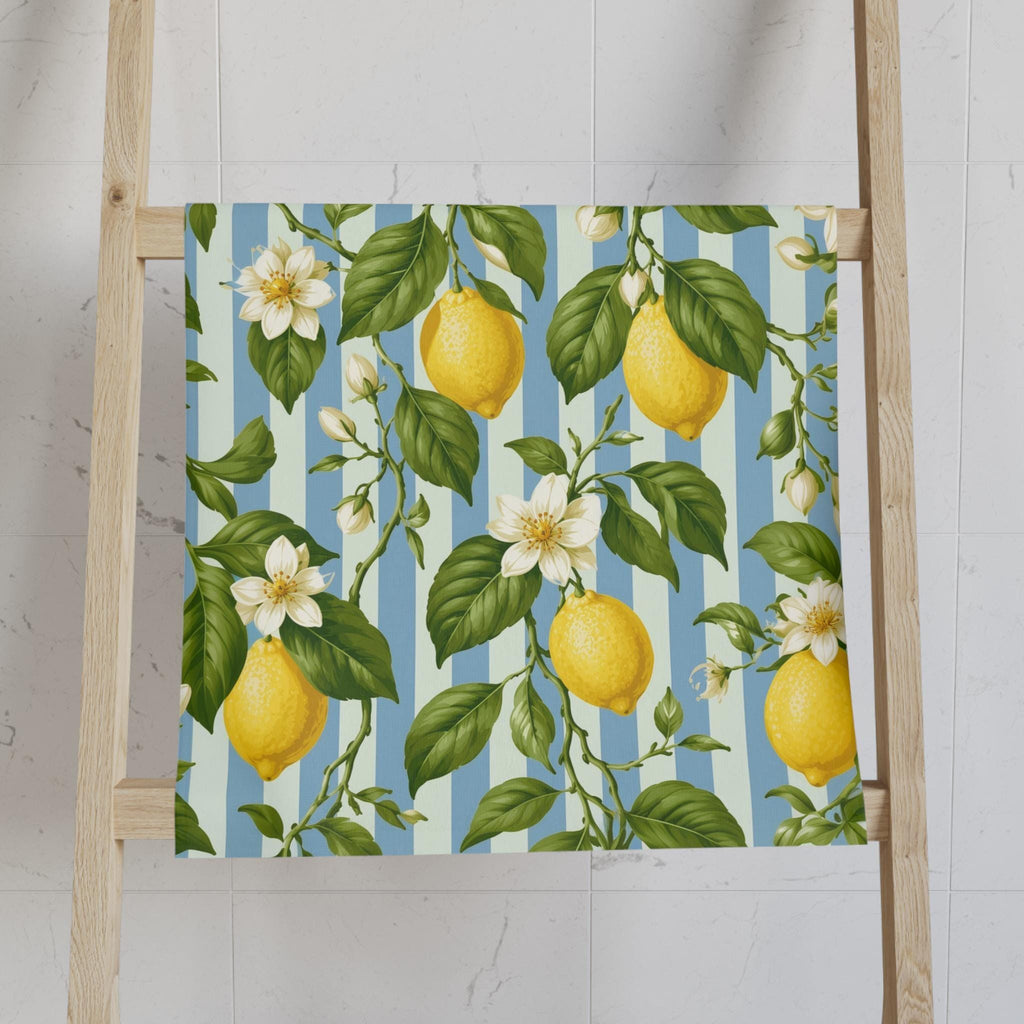 Lemon Soft Blue Stripe Hand Towel: with Green Leaves and White Florals