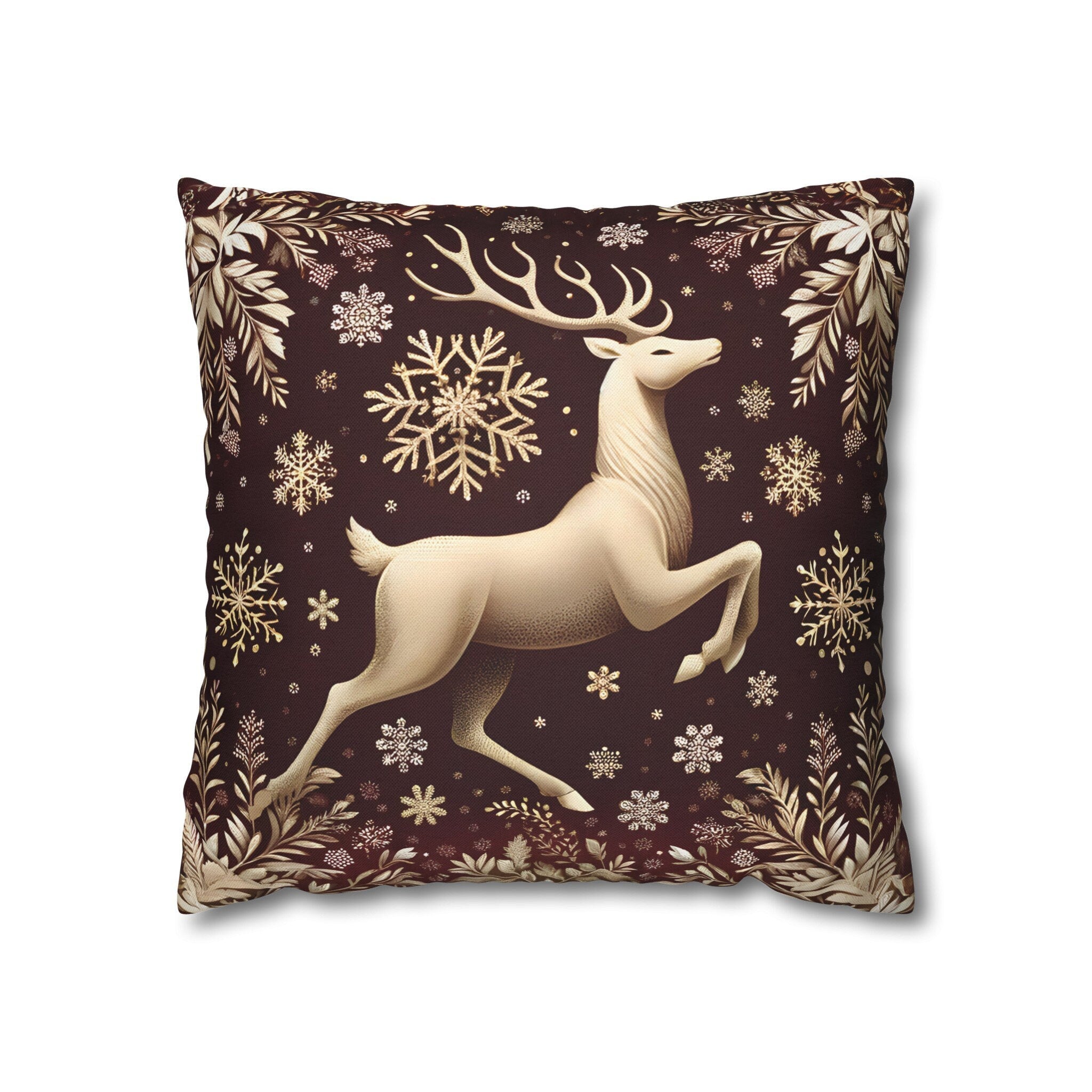 Regal Golden Reindeer Throw Pillow Cover: Burgundy & Gold Christmas Elegance