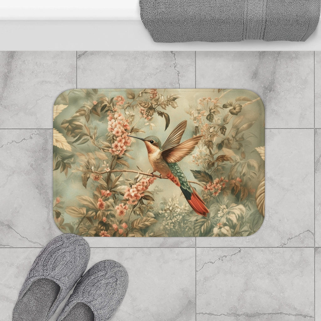 William Morris Botanical Bathmat: Sage Blush Teal Hummingbird Arts & Crafts Design