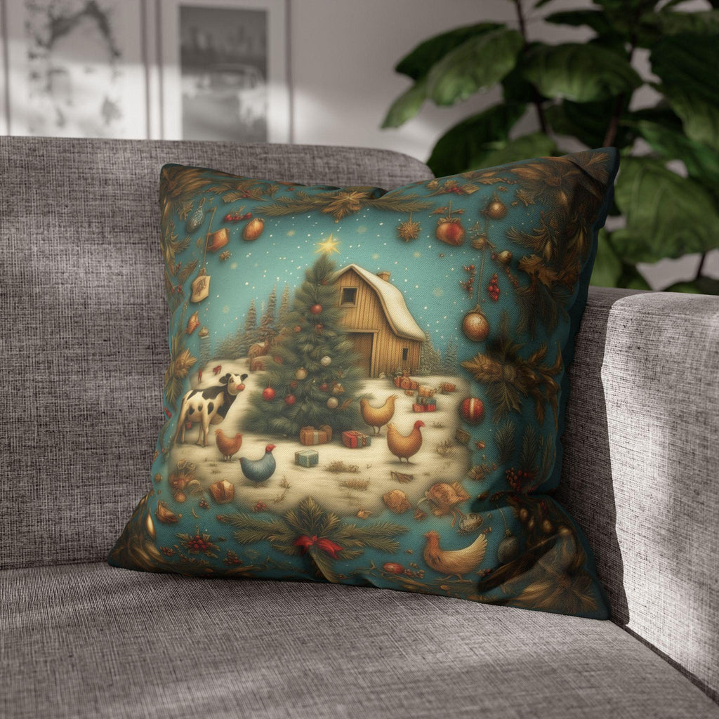 Country Christmas Farmhouse Pillow Cover: Barnyard Holiday Scene