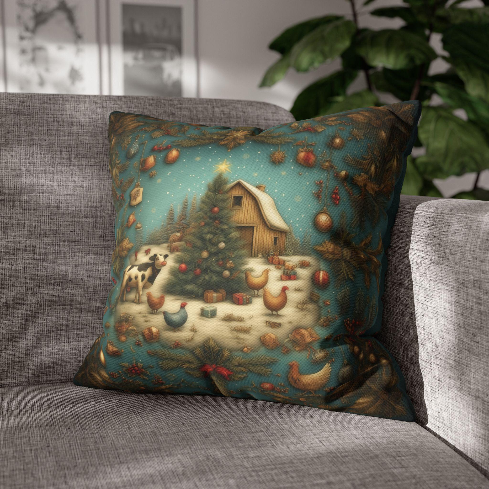 Country Christmas Farmhouse Pillow Cover: Barnyard Holiday Scene