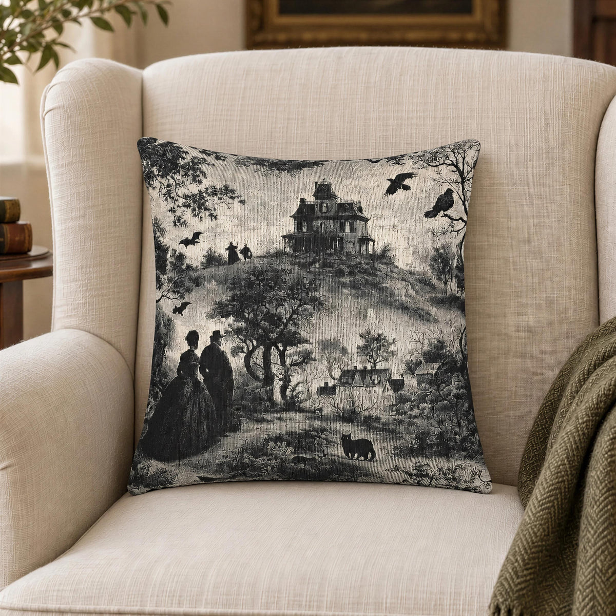Gothic Toile Tapestry Throw Pillow: Haunted Victorian House, Jacquard Woven Decor