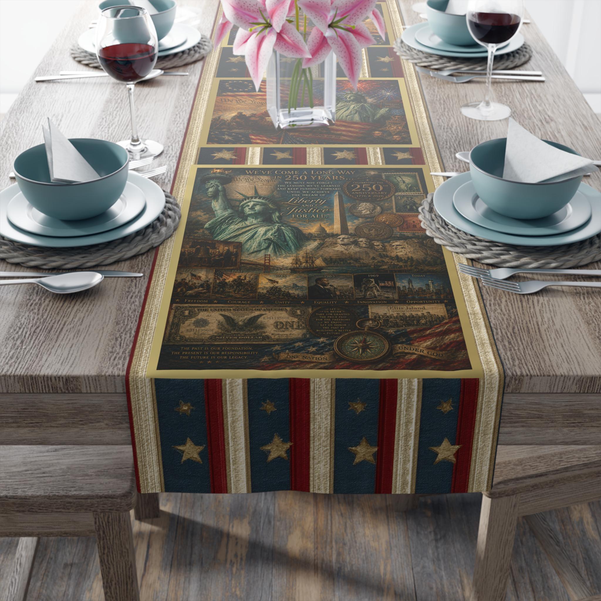Patriotic Table Runner: USA 250th Anniversary Liberty and Justice Theme