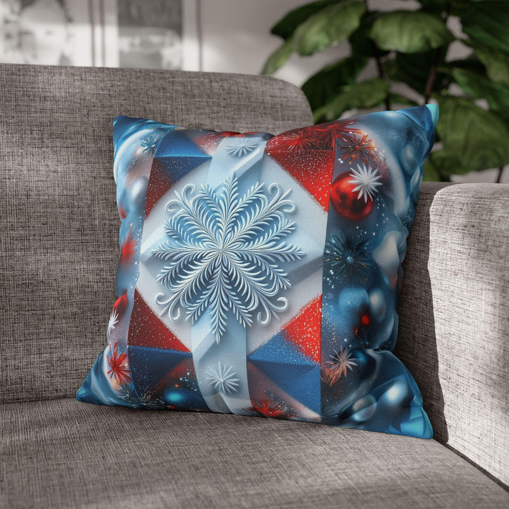Winter Snowflake Pillow Cover, Geometric Holiday Throw Cushion, Red White Blue
