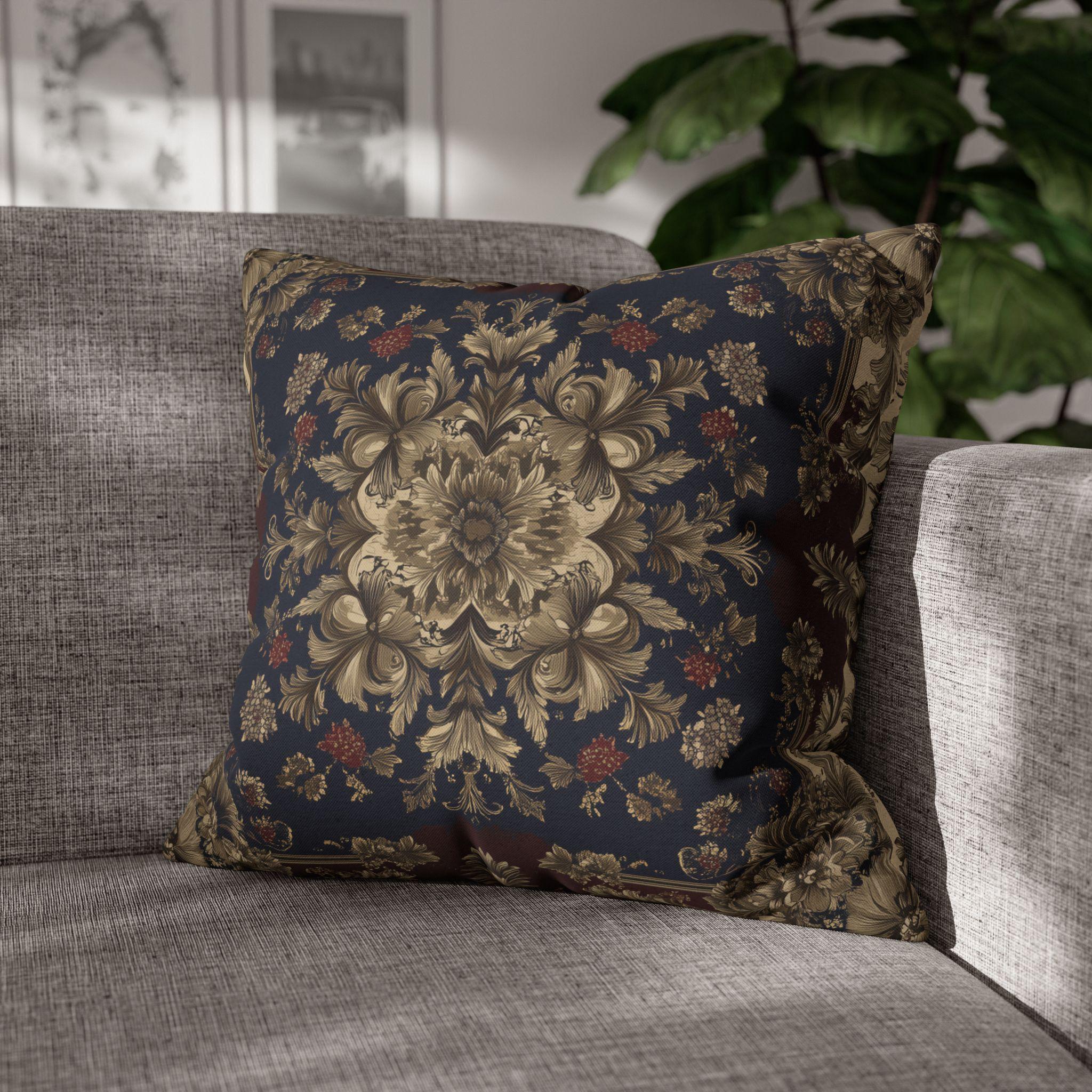 Elegant Vintage-Inspired Tapestry Pillow Cover: Gold Floral Medallion on Navy and Burgundy