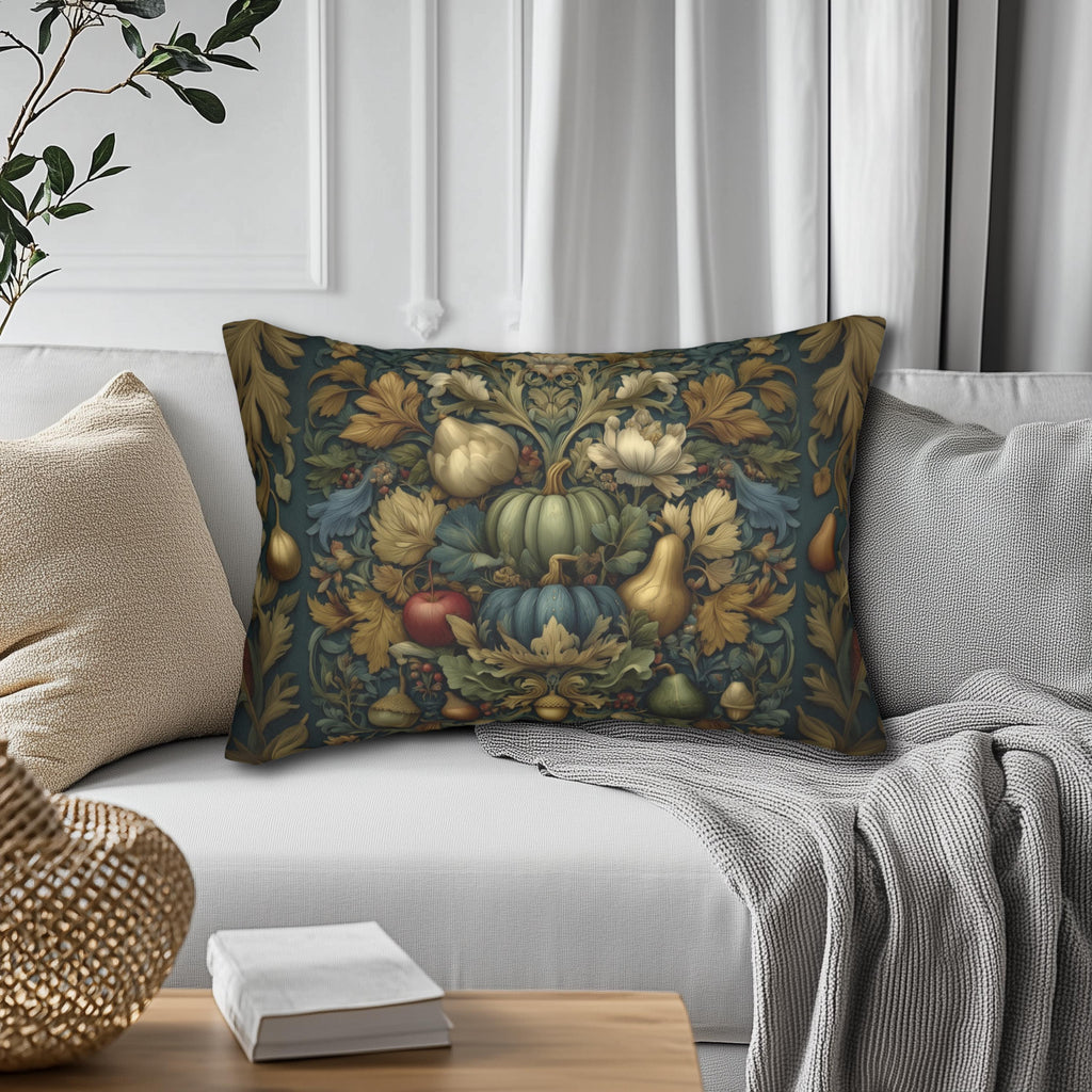 William Morris Inspired Tapestry Lumbar Pillow: Botanical Autumn Harvest for Cozy Fall Home Decor